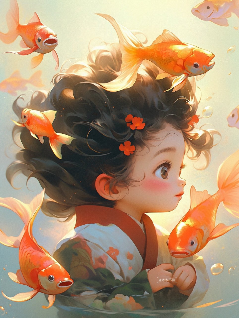 治愈系头像|动漫头像|国风插画壁纸 锦鲤附体,好运加倍