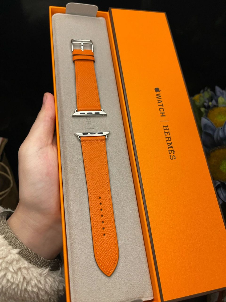 apple watch爱马仕荔枝皮橘色表带45mm 荔枝皮也有叫掌纹的 是因为