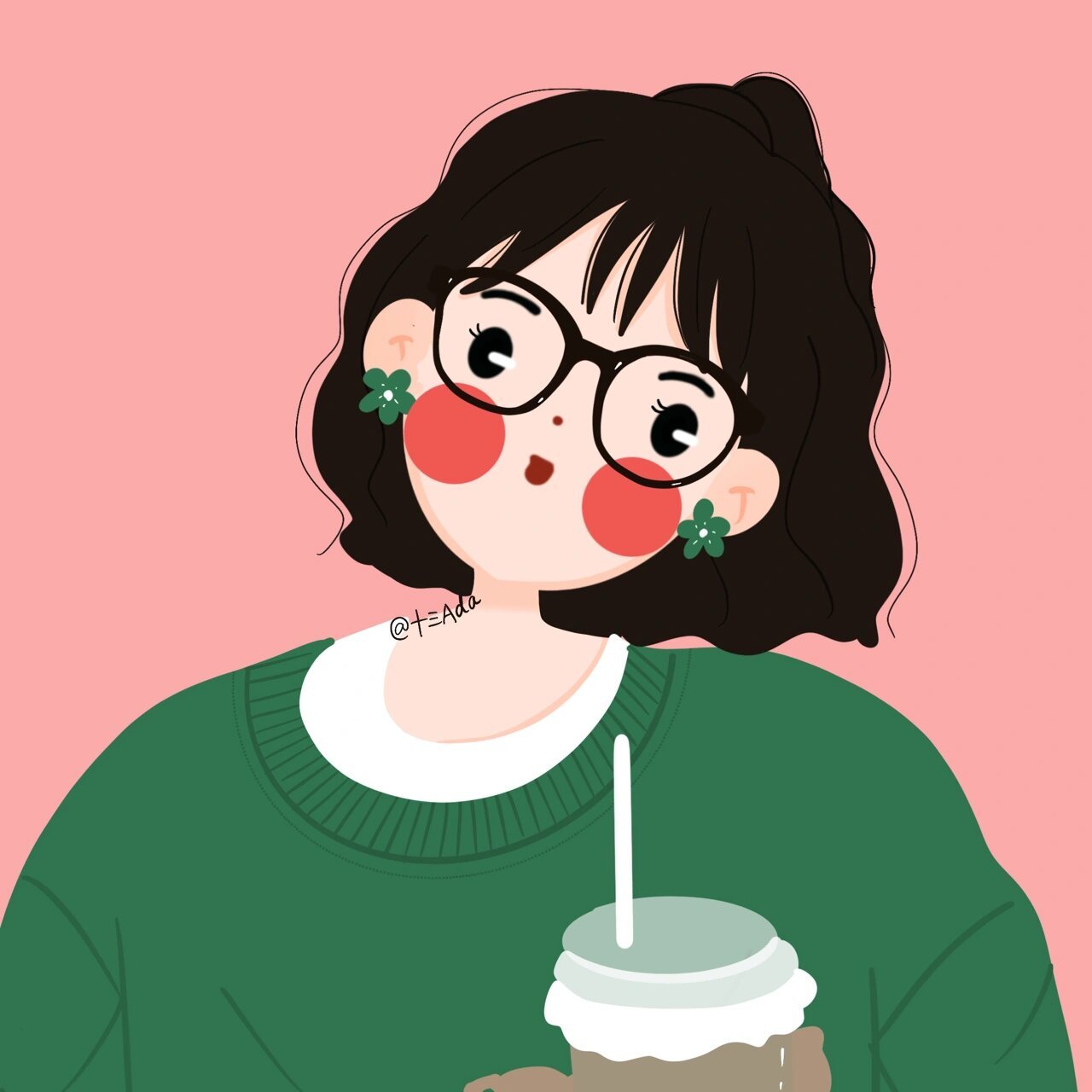 插画头像|半丸子头卷发女生 日更96 春天的绿,安排上98 模特参考