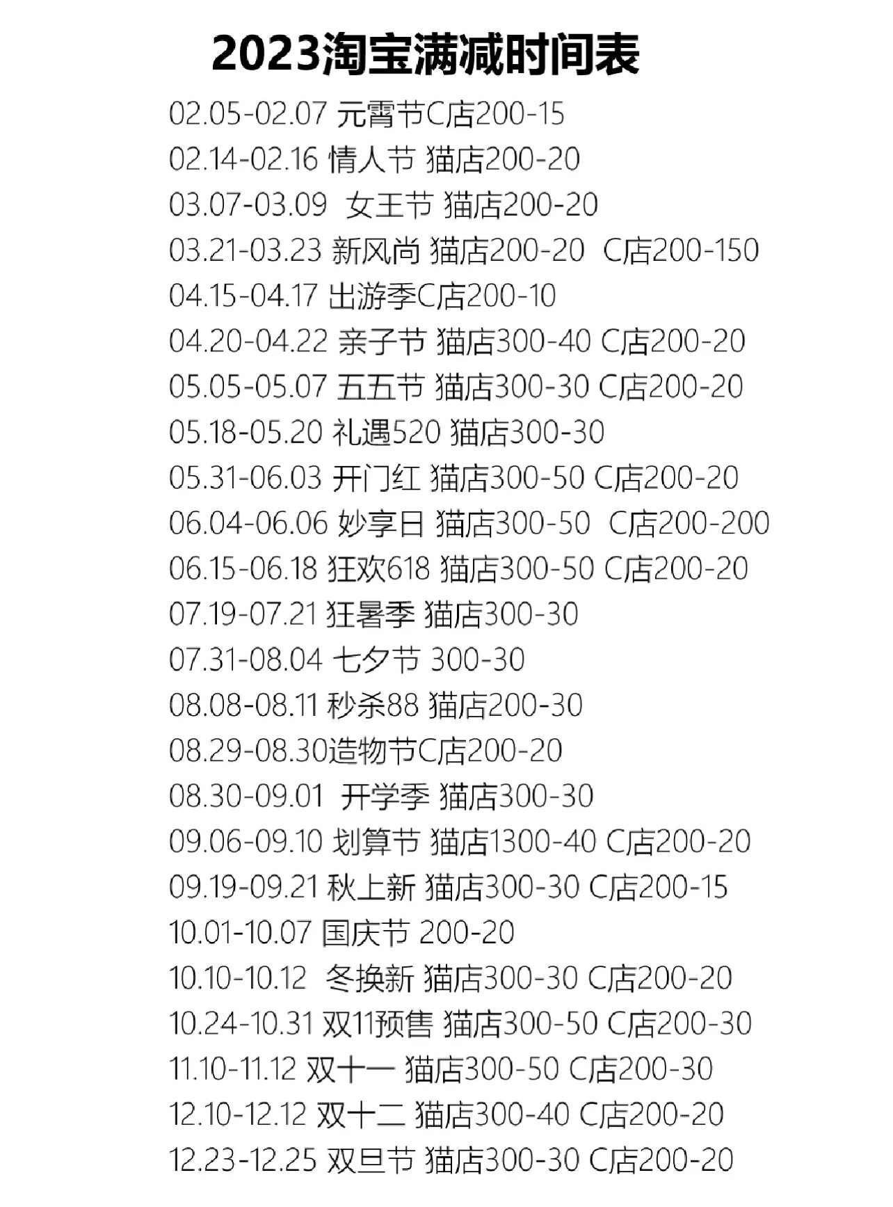 淘宝活动时间记录表2023年一年哪些时间满减