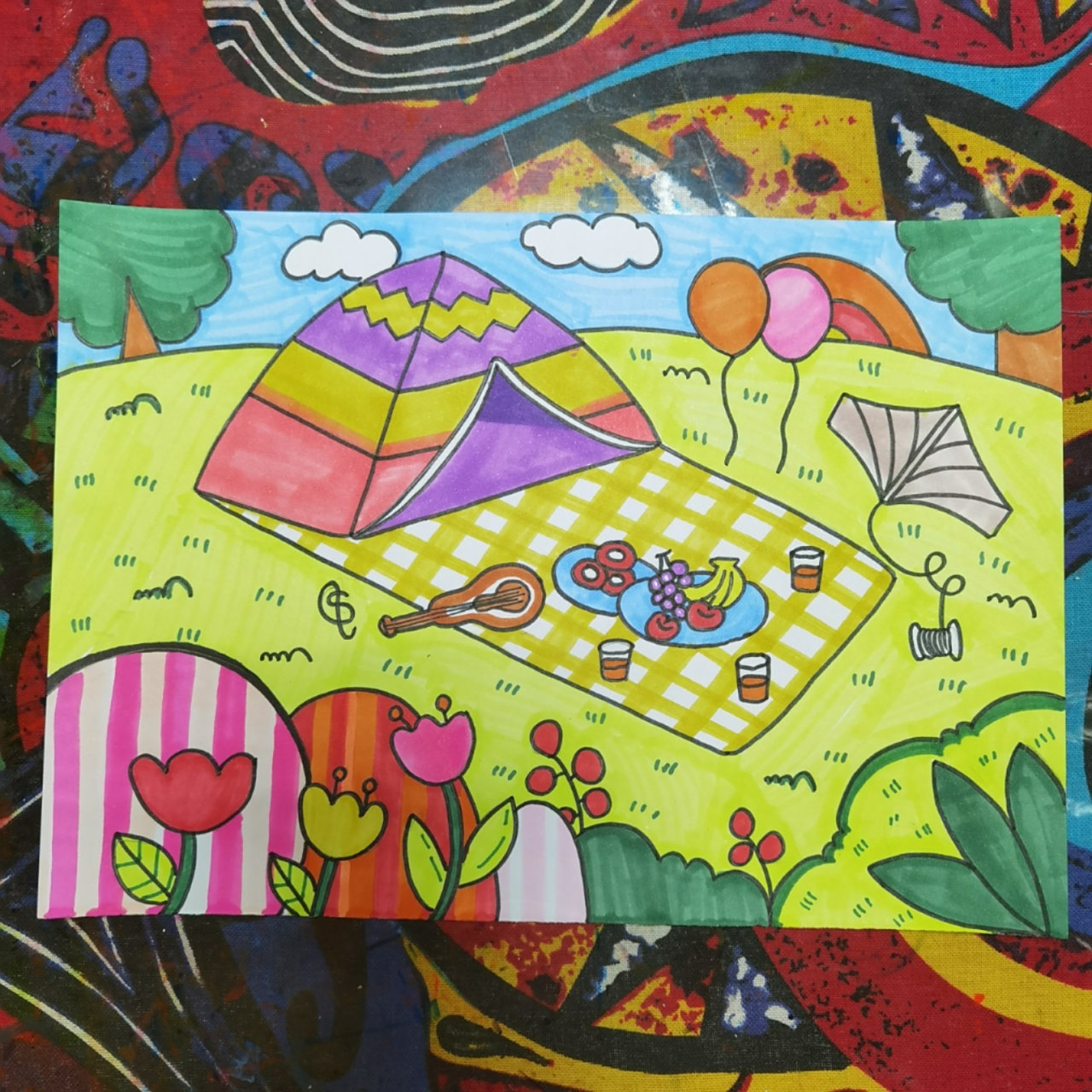 春天郊游儿童画场景 郊游儿童画