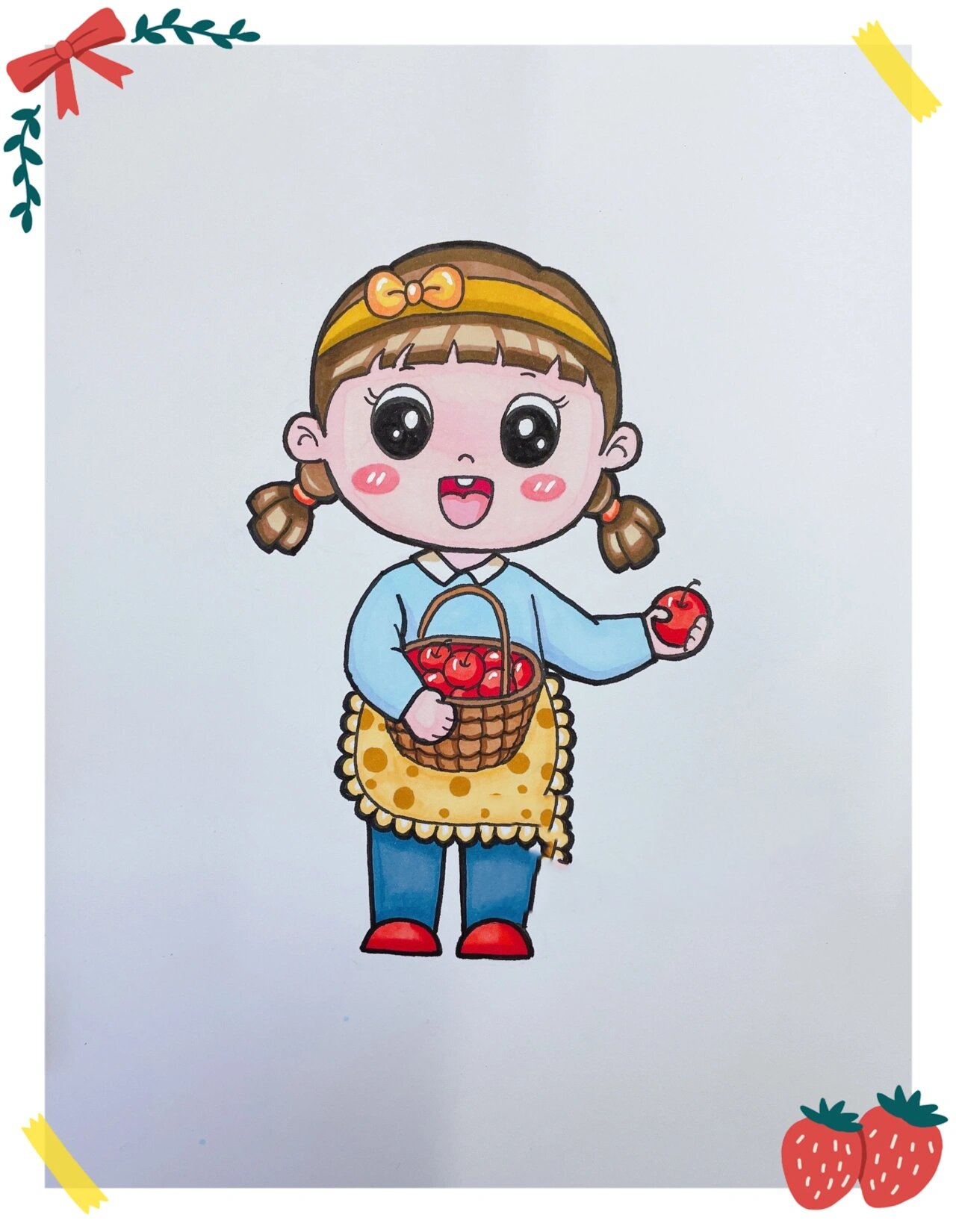 简笔画人物 摘苹果的小姑娘