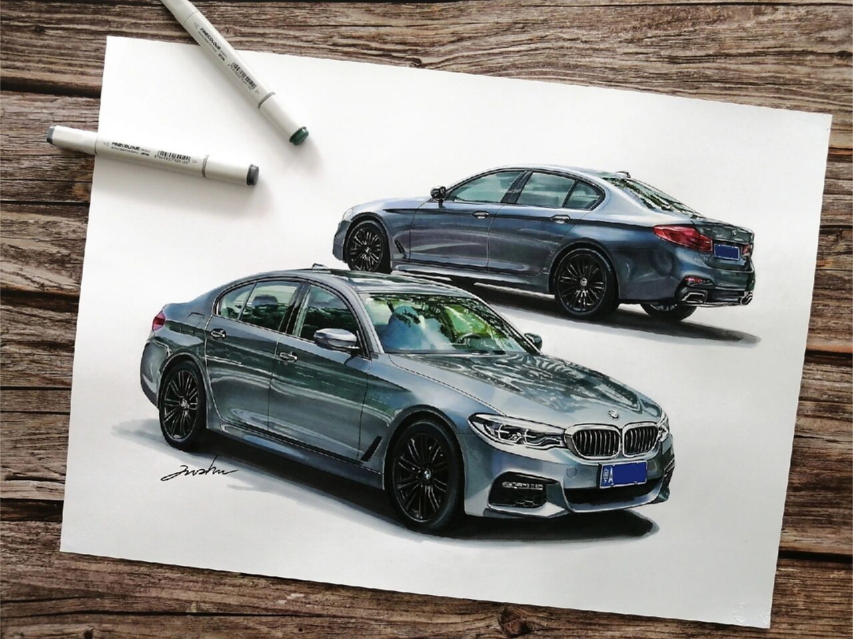 马克笔汽车手绘*新年第一幅,bmw530i 阳康后的第一幅,年底腊月二十八