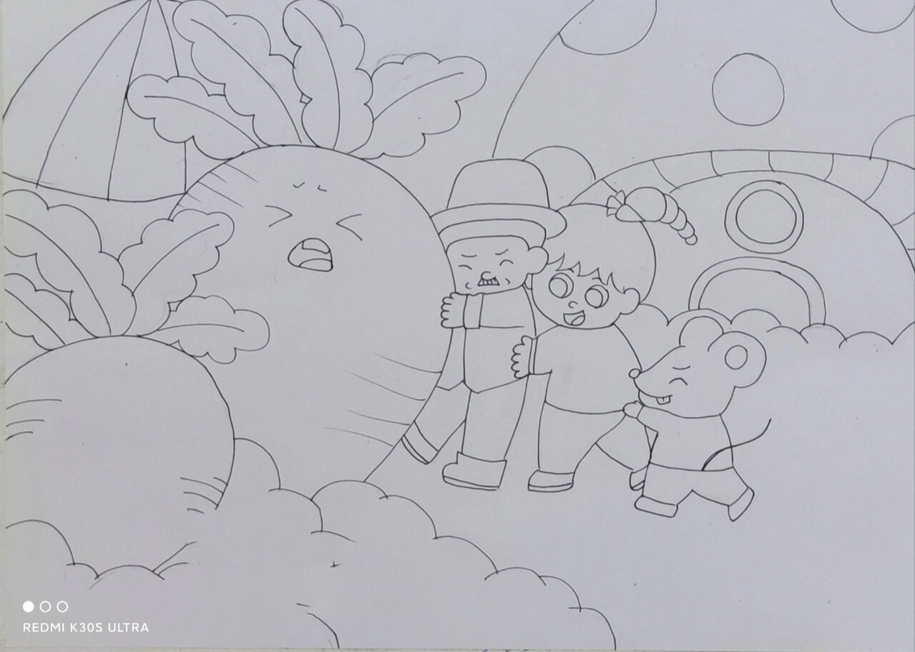 儿童绘画 拔萝卜 拔萝卜  天空没有涂颜色 有一些小细节也没有画 临摹