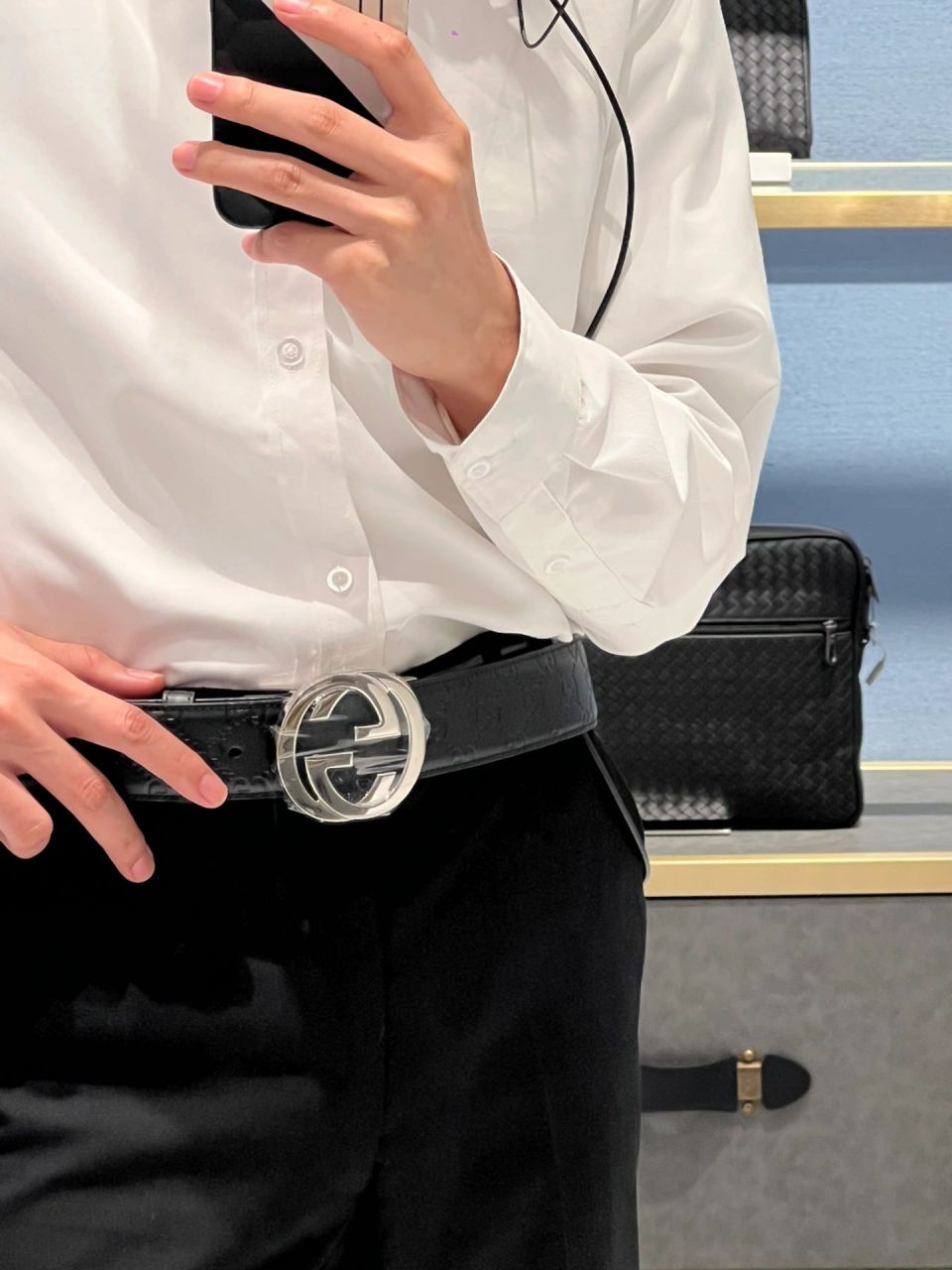 gucci古驰 男士经典款式真皮腰带 牛皮双g压花板扣皮带