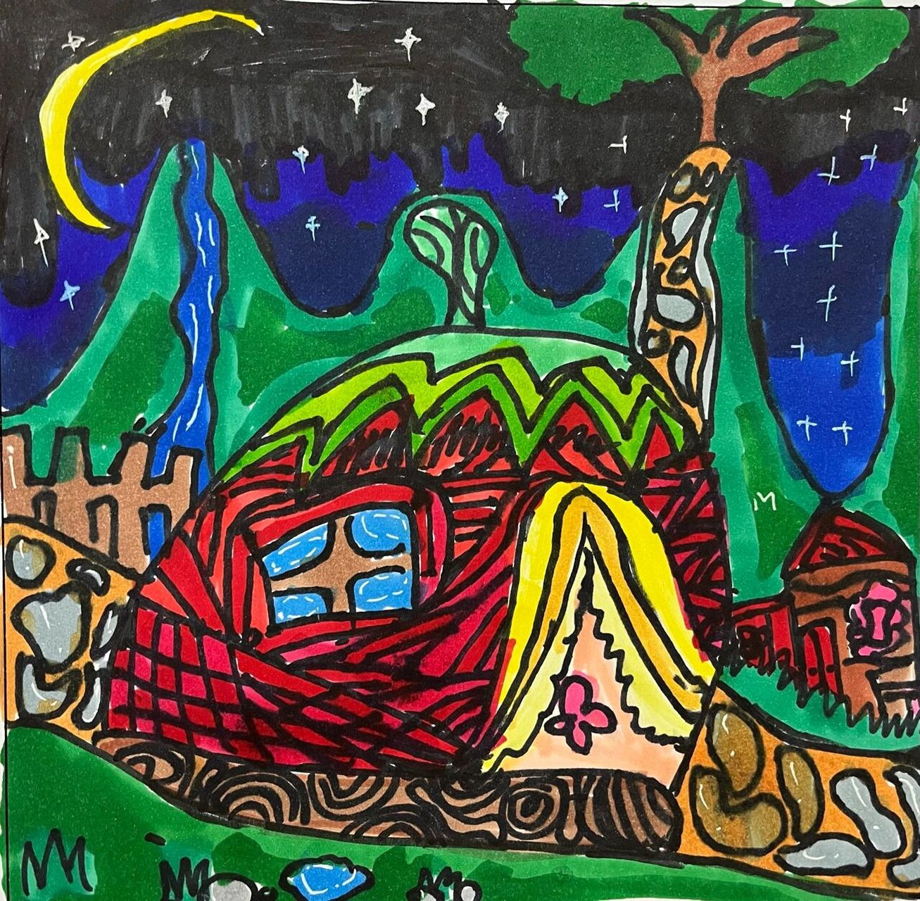 二年级美术 画夜景 五一假期回来孩子们的作业 露营深入人心