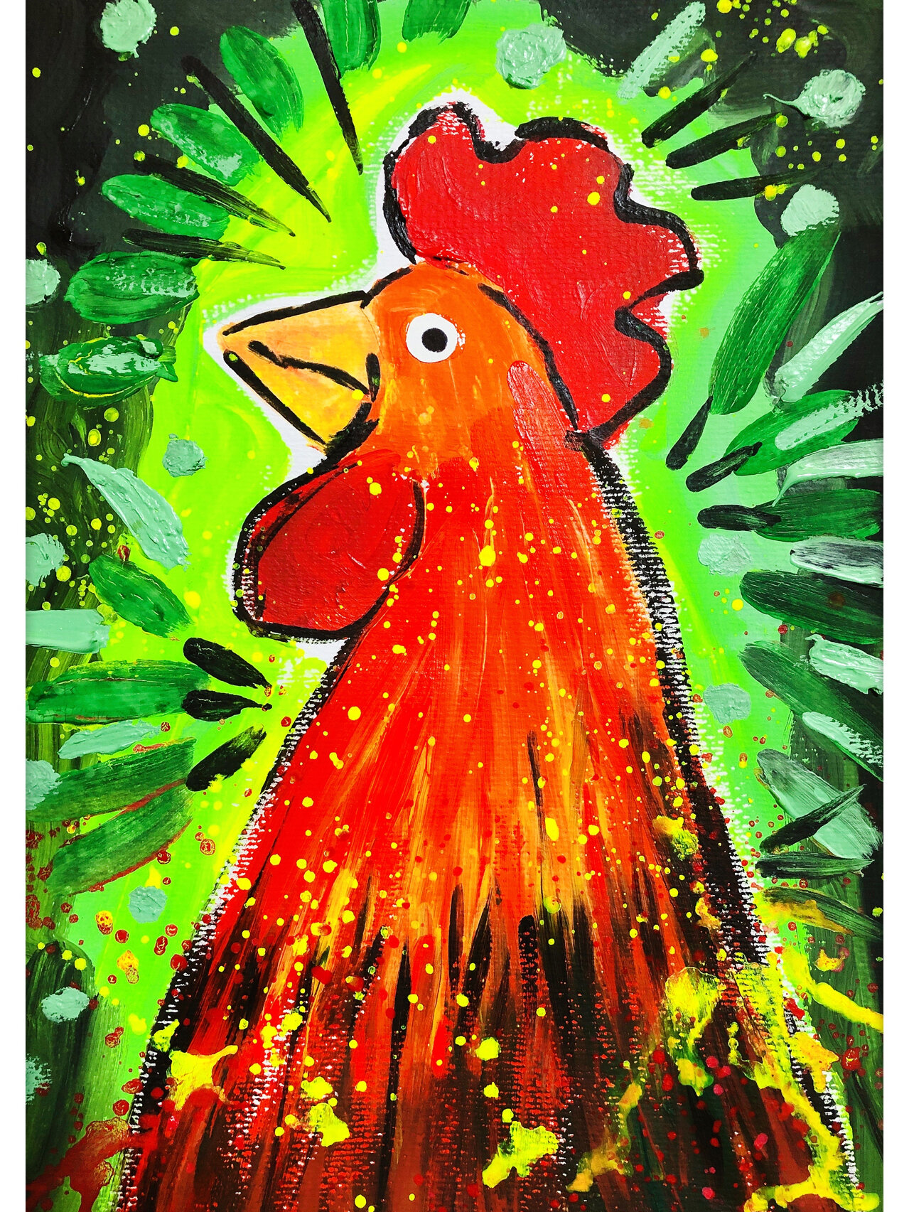 少儿美术中大班创意儿童画《大公鸡》 水彩纸,水粉