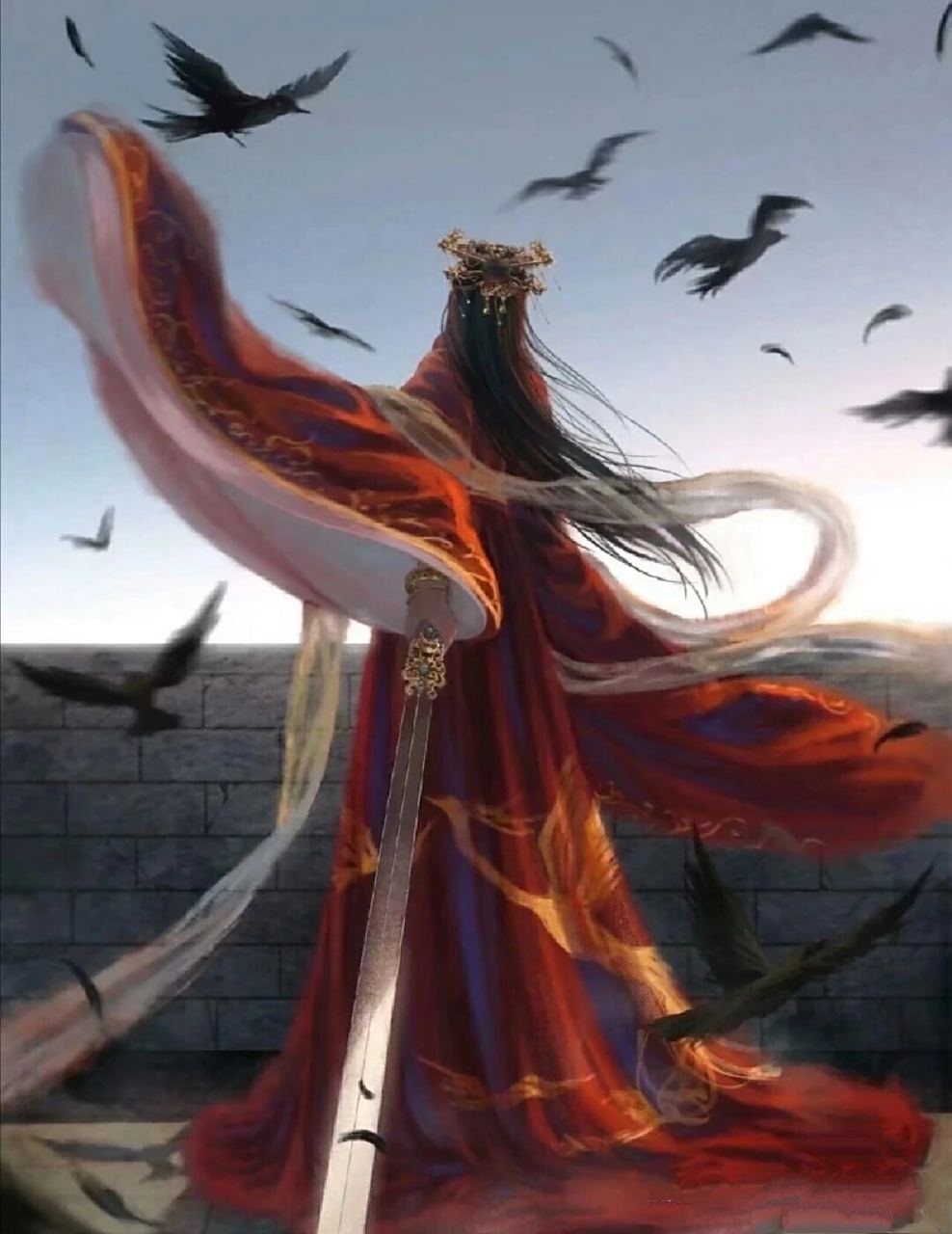 古风红衣美女,部分白发