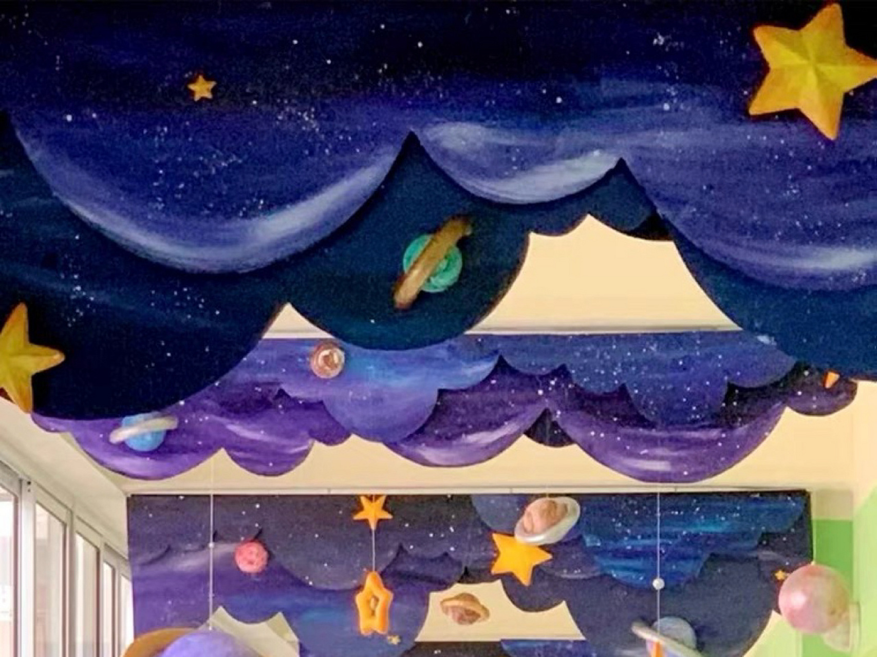 幼儿园星空主题环创吊饰蓝色太空门头壁挂装饰墙面定制 	 姐妹们kt板