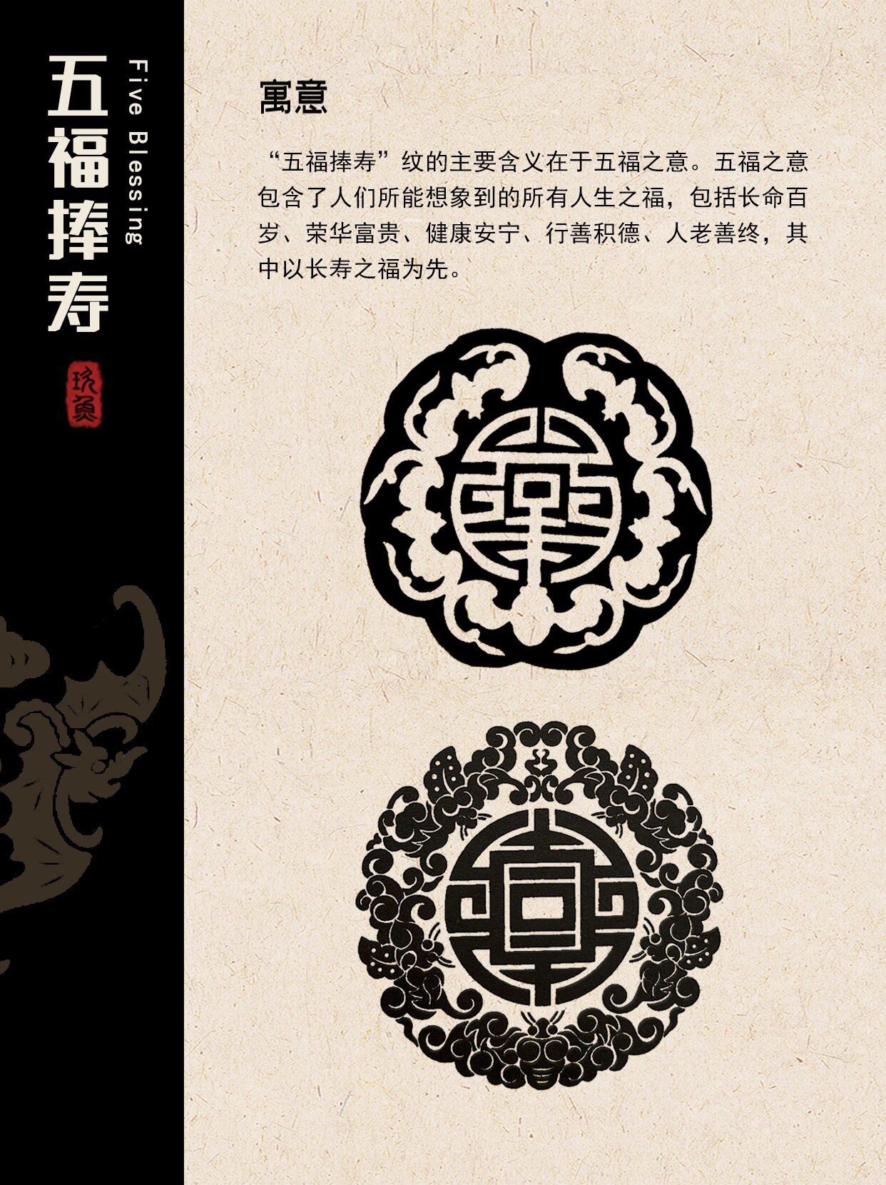 中国传统纹样|五福捧寿 99五福捧寿,又称五福拱寿,是一种常见的传统
