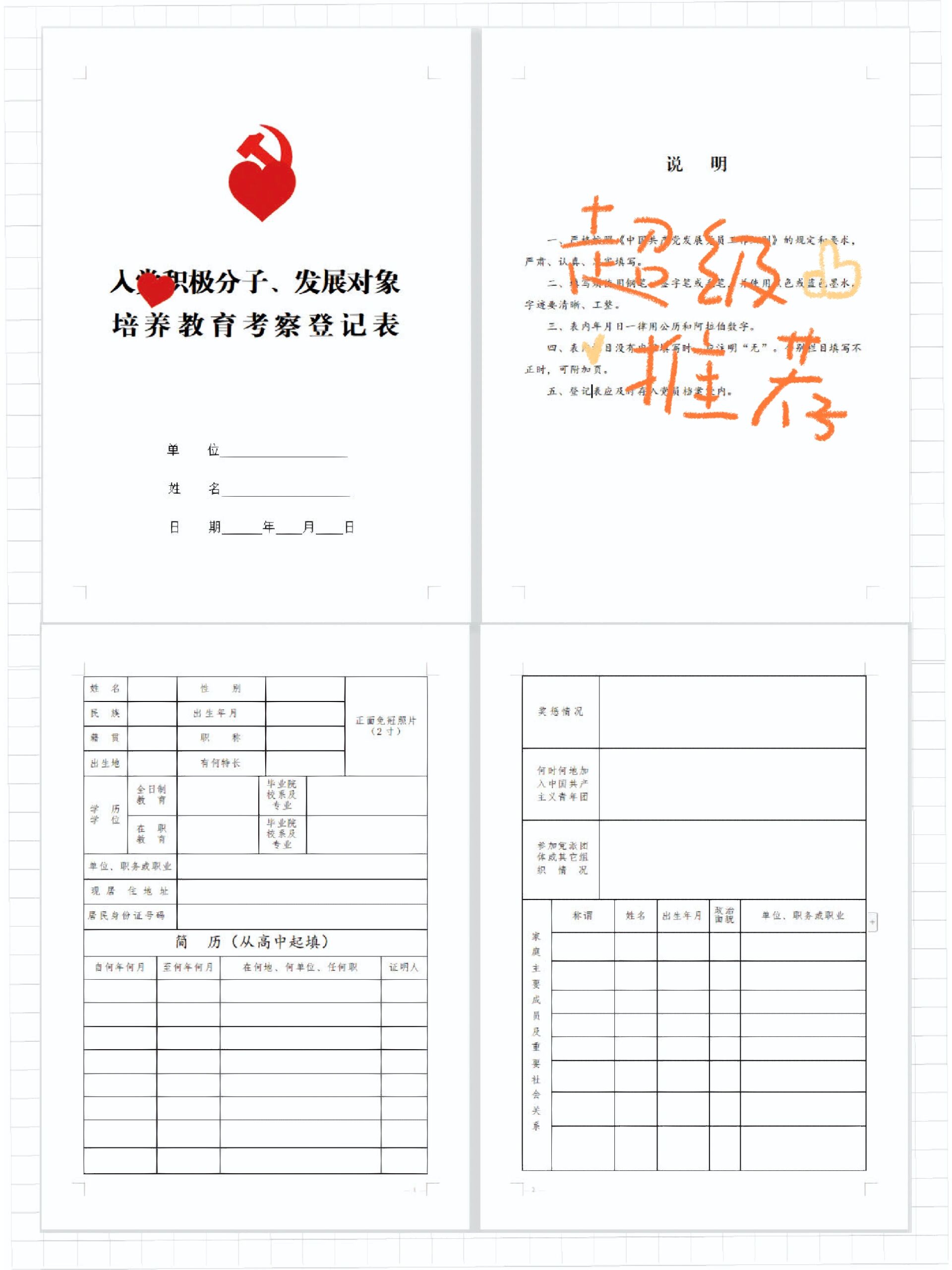 入党积极分子 发展对象培养教育考察表模板
