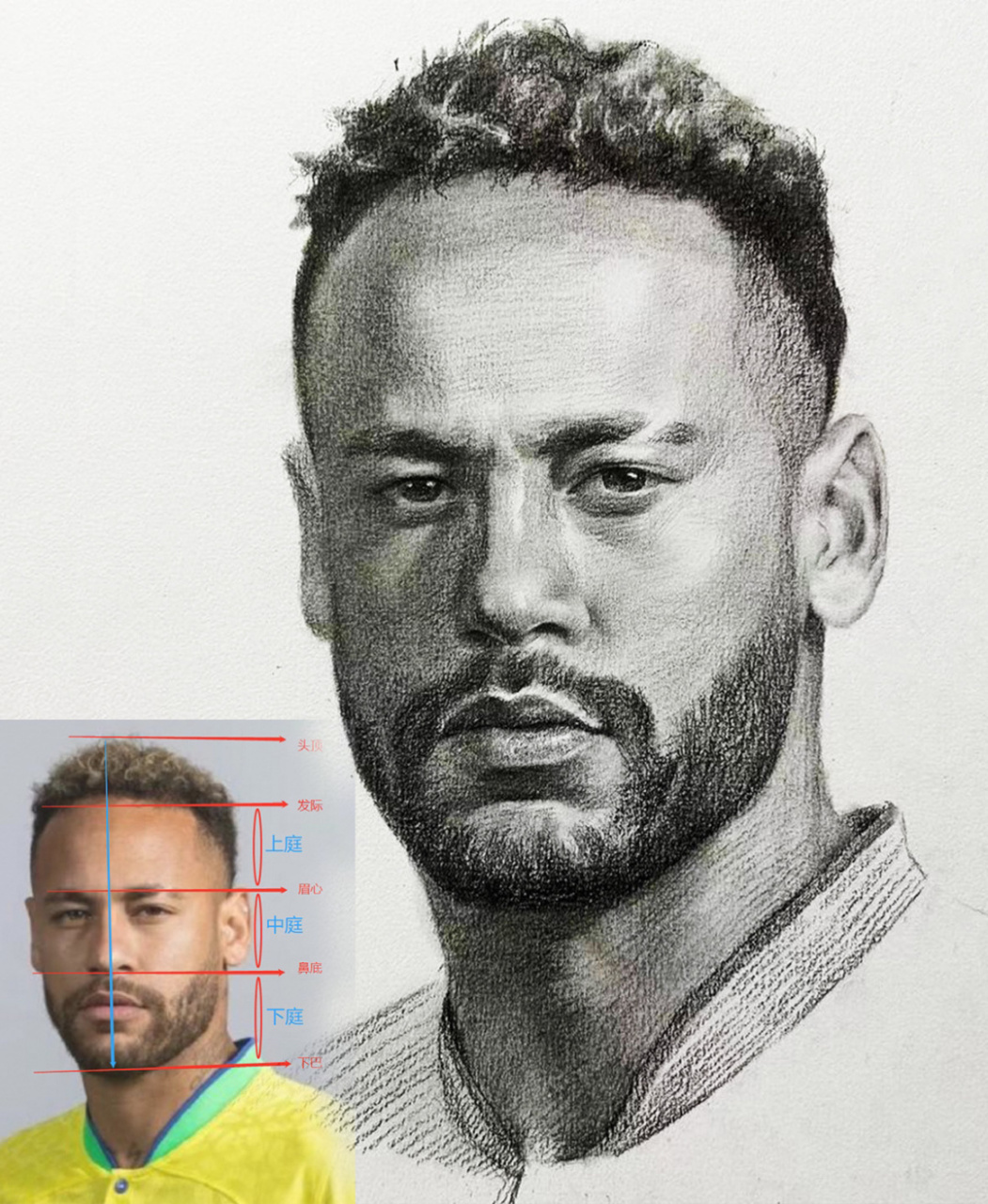 内马尔素描头像 附步骤详细图 #画画的日常# #素描头像# #零基础学