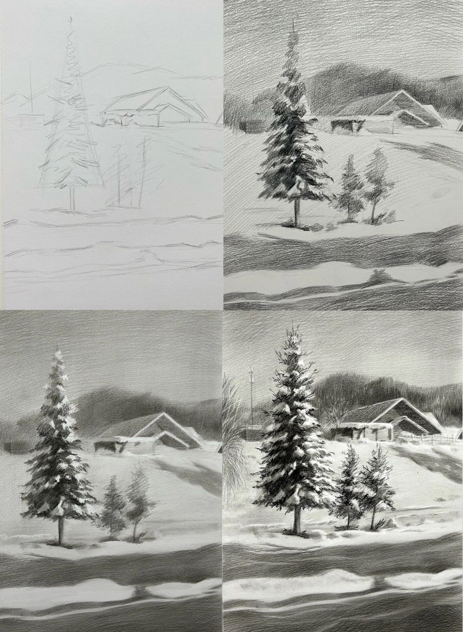 雪景素描铅笔画图片图片
