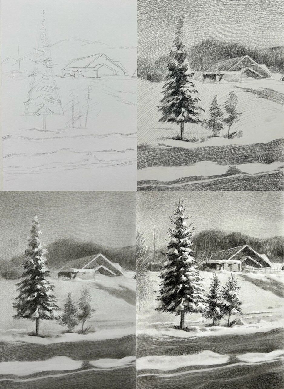 素描冬天雪景 附图片过程 天气预报明天下雪7615,狠狠期待住了