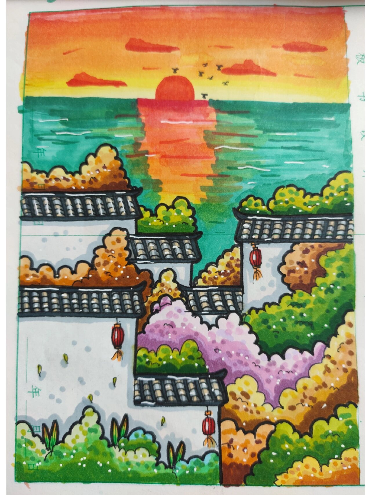 国风马克笔丨诗配画丨白居易《暮江吟