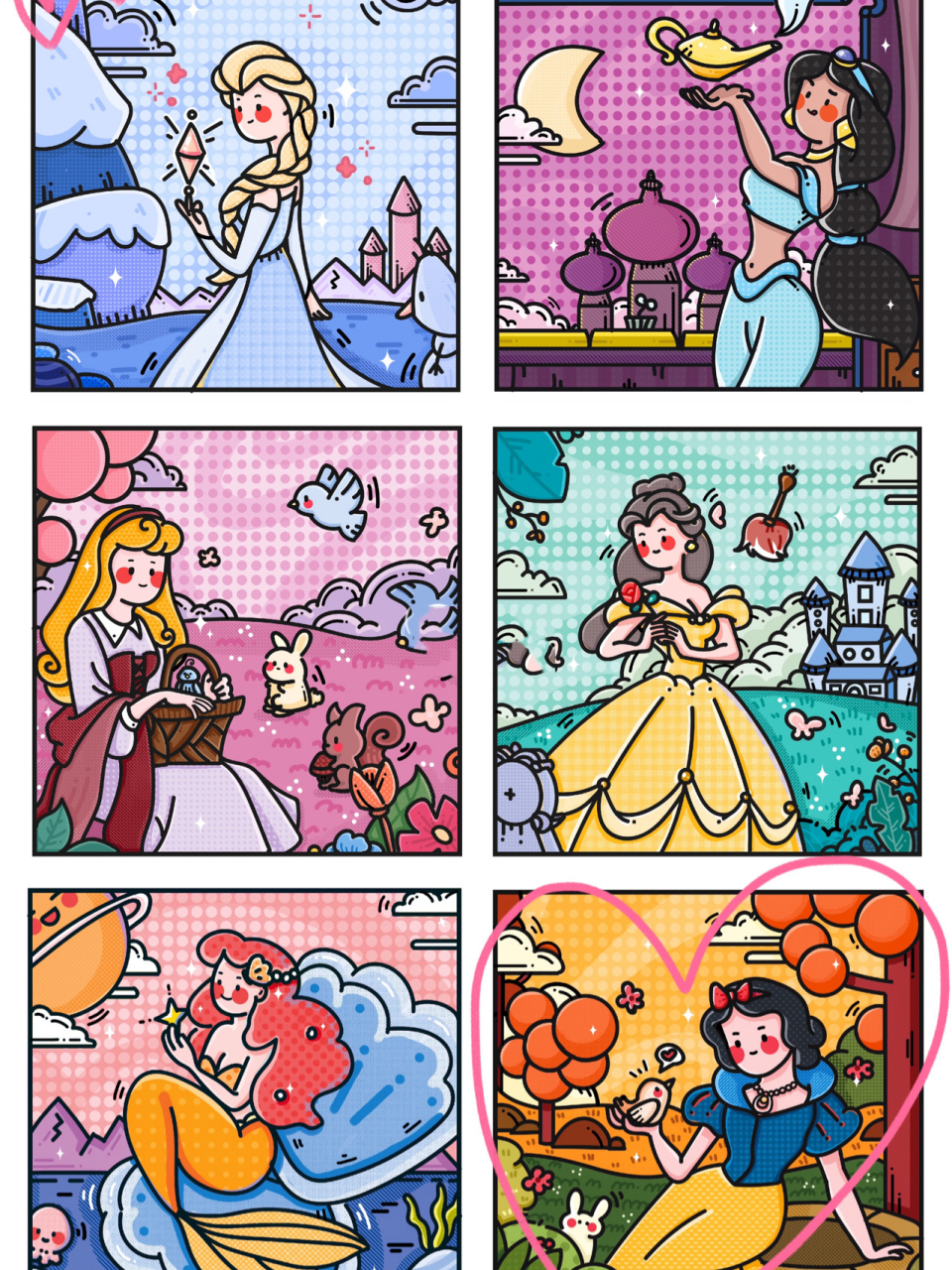 91迪士尼公主系列原创手绘插画91 终于凑齐六宫格～ 突然发现上次