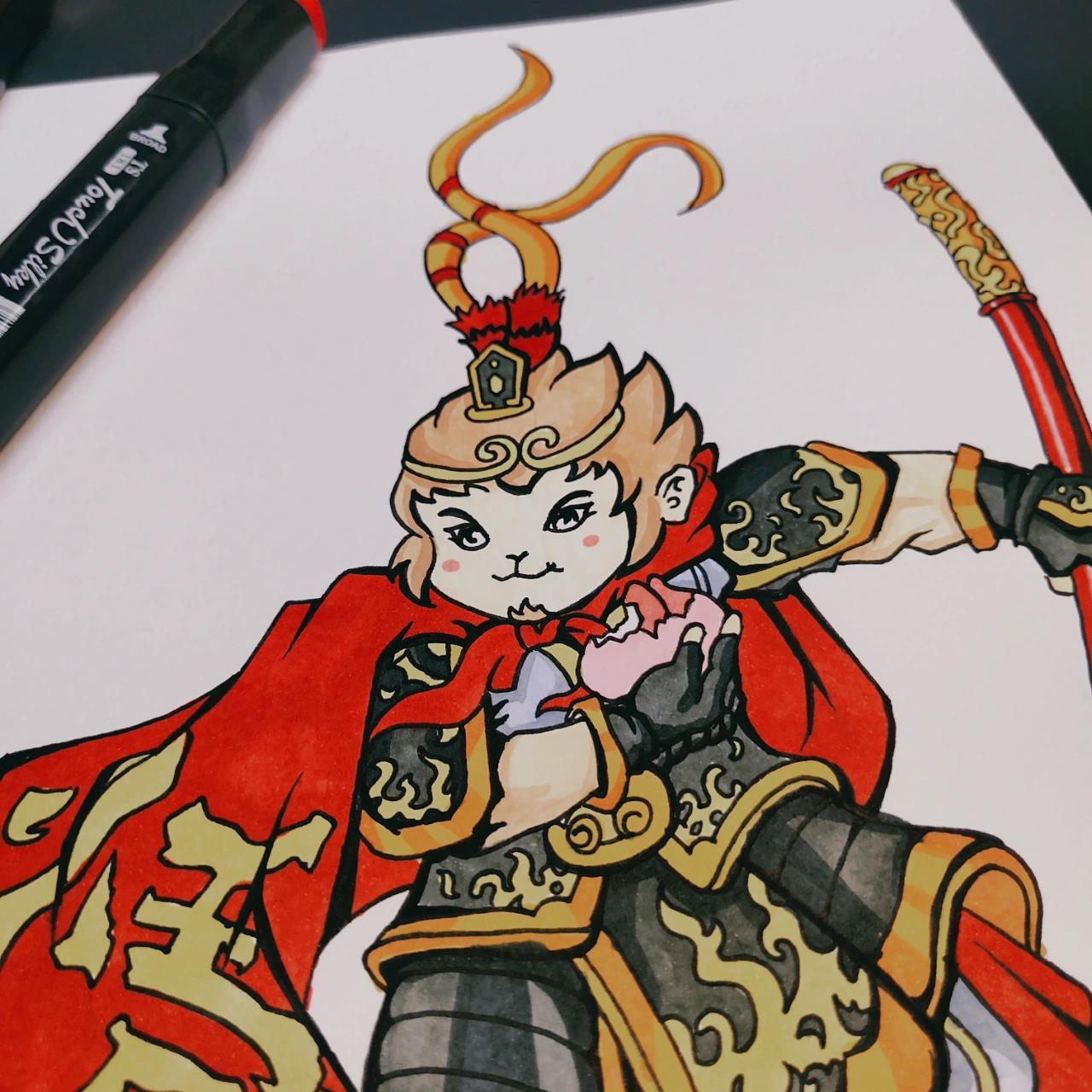 齐天大圣孙悟空手绘 材料:白卡纸,马克笔,水性勾线笔 临摹来源:见图七