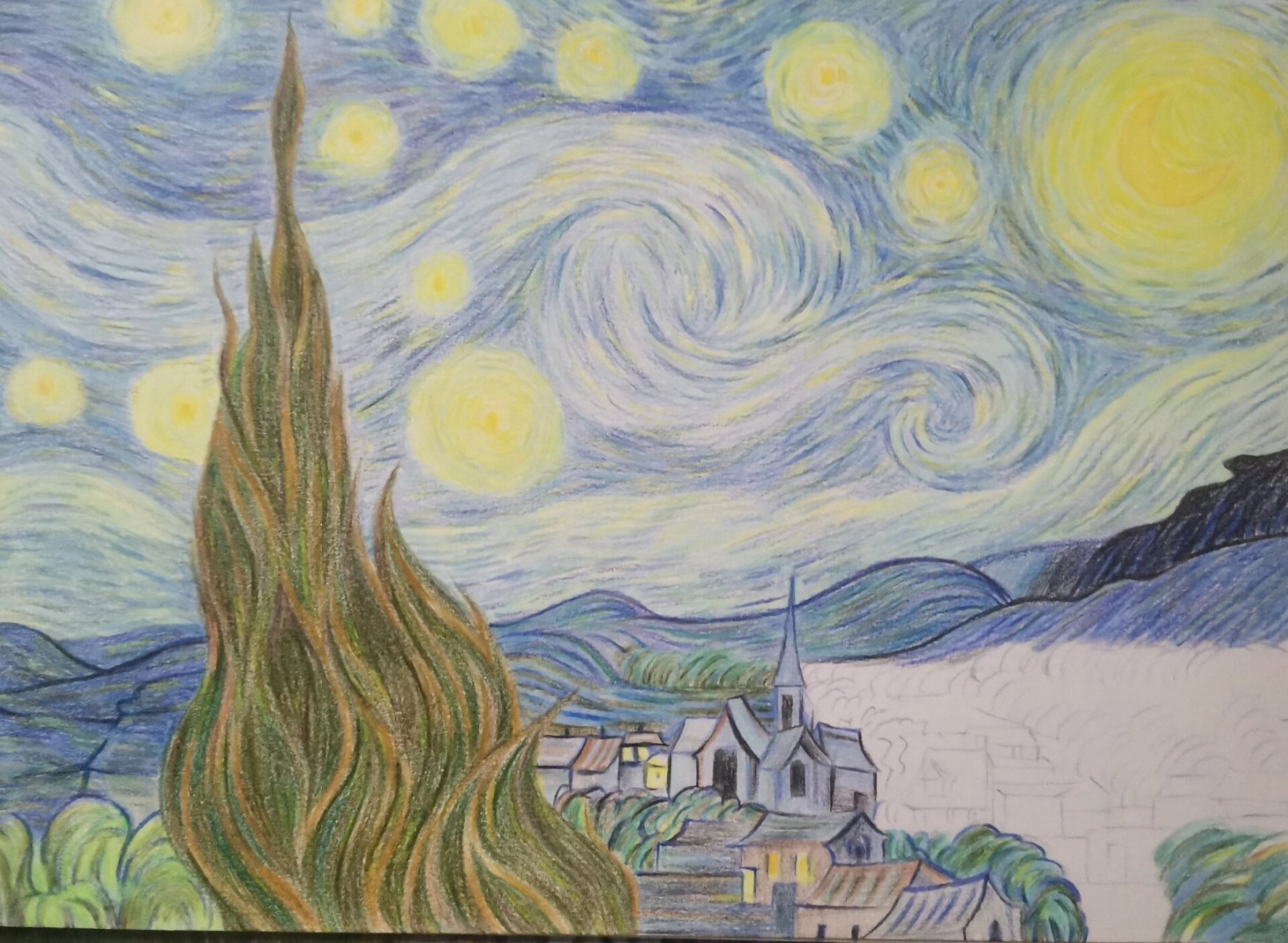 16*《星月夜》彩铅绘画 《星月夜》(the starry night)是荷兰后印象派