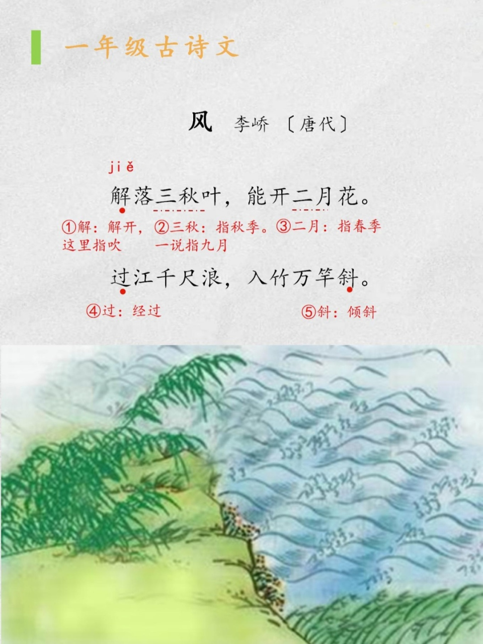 小學古詩:《風》 《風》 李嶠 (唐代) 解落三四葉,能開二月花.