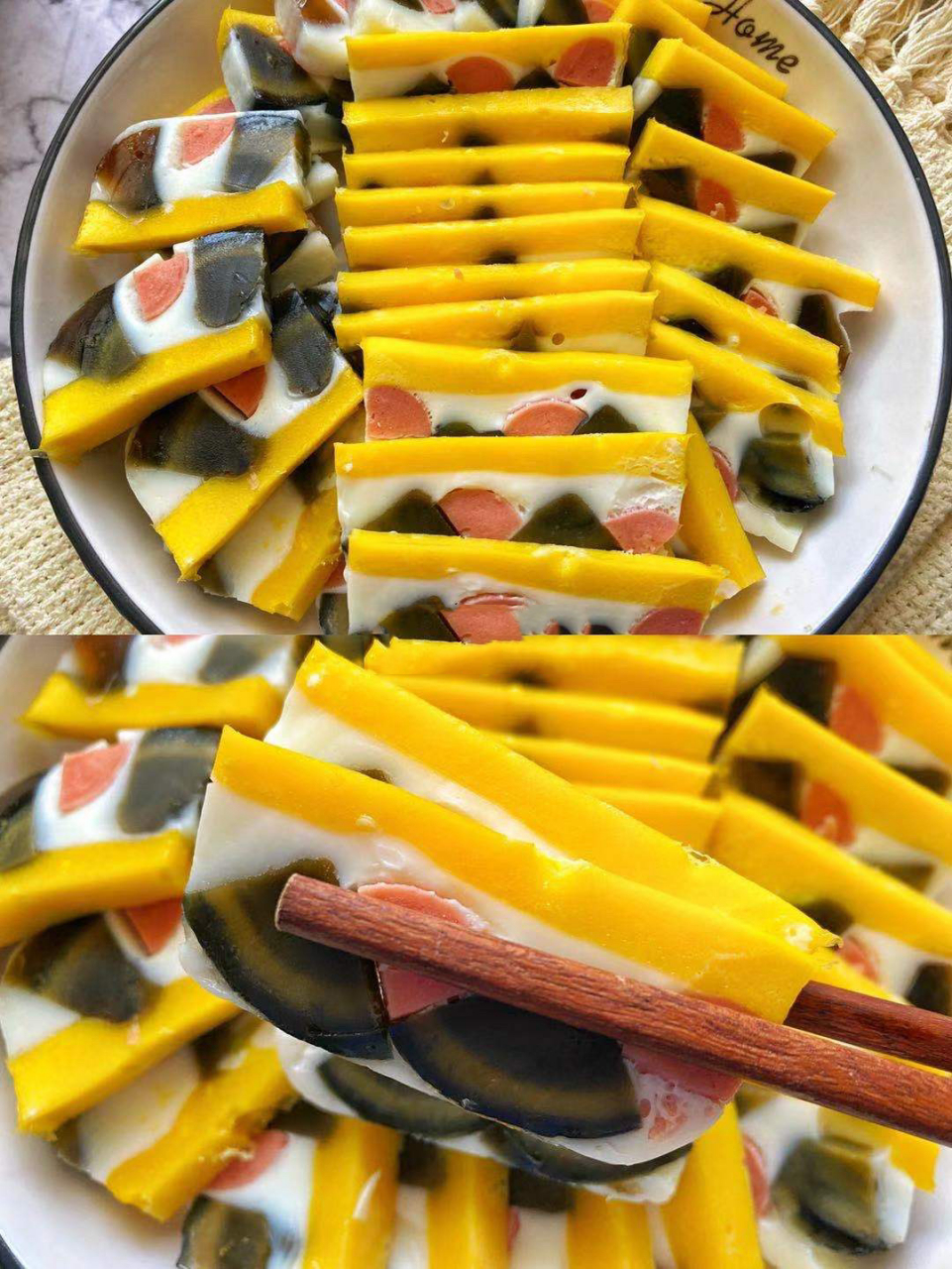 颜值高零失败 73三色蒸蛋是利用皮蛋,鸡蛋,火腿肠来制作,不需要再