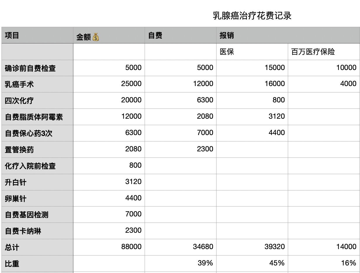 确诊前各项自费检查:大约5000 乳癌手术:25000 四次化疗