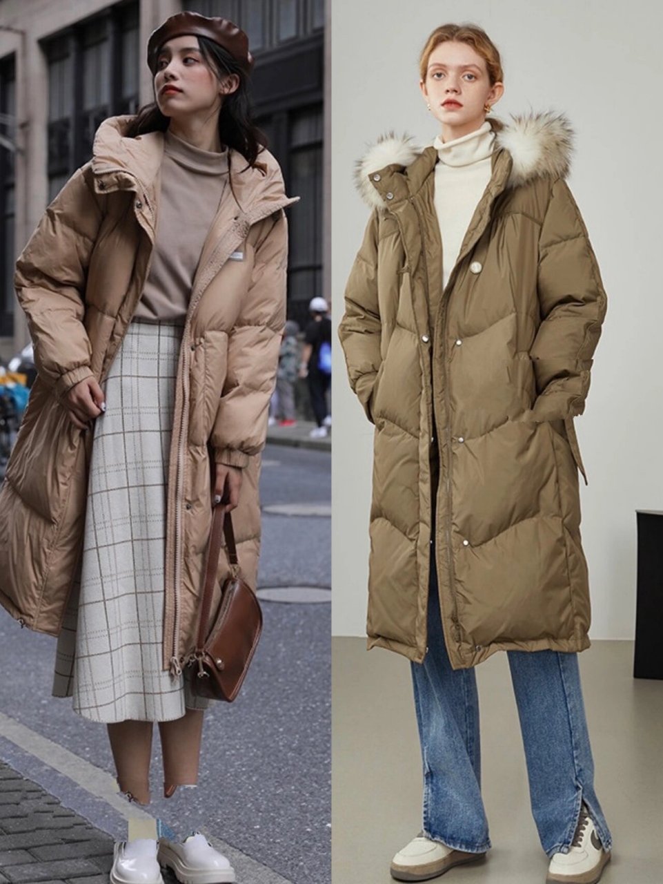 冬季复古气质穿搭 大家想看的长款羽绒服的咖色系,焦糖色系穿搭来 
