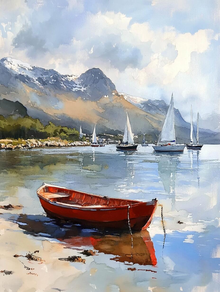 ai水彩|海湾·红色小船