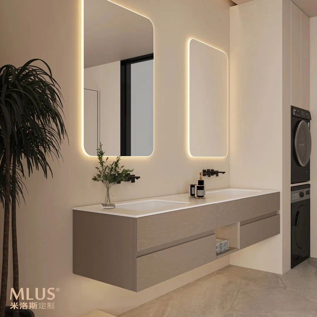 米洛斯原木定制浴室柜 99侘寂微水泥「无缝感」奶油风暖和色调get