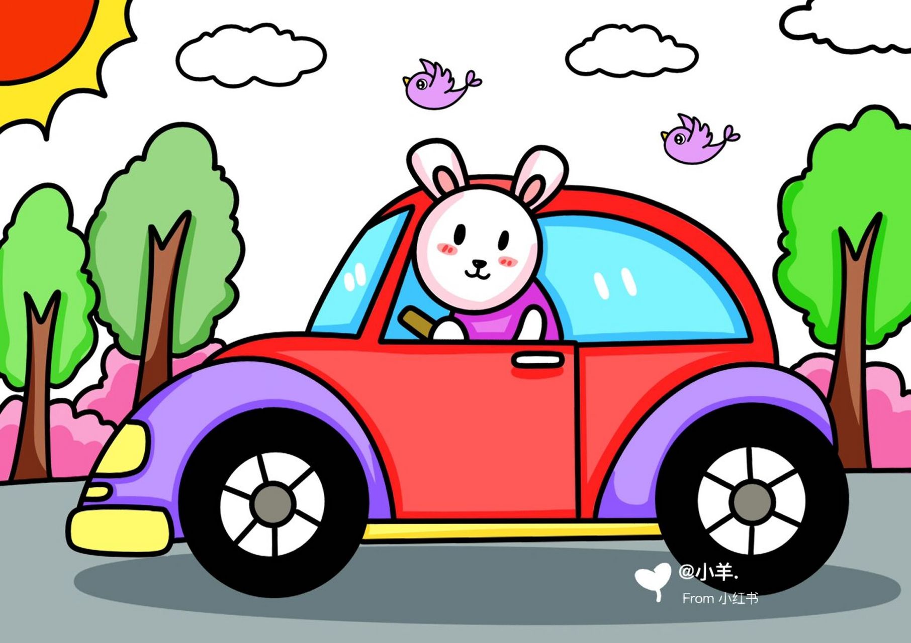 开车的小兔子儿童创意画 小汽车07儿童画 