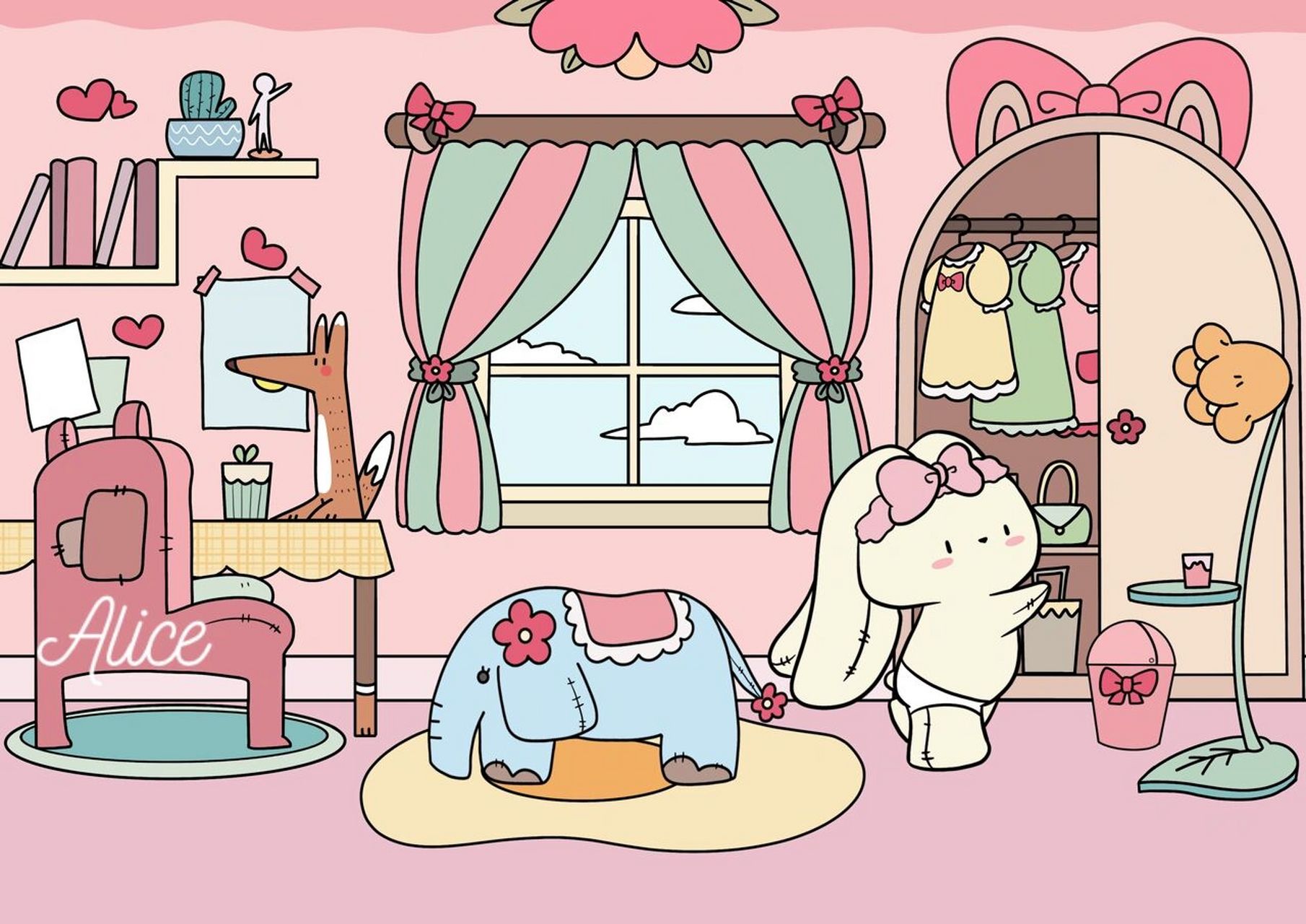 小房子卧室儿童画简笔画原创小兔子可爱插画 儿童房公主房 卧室手绘