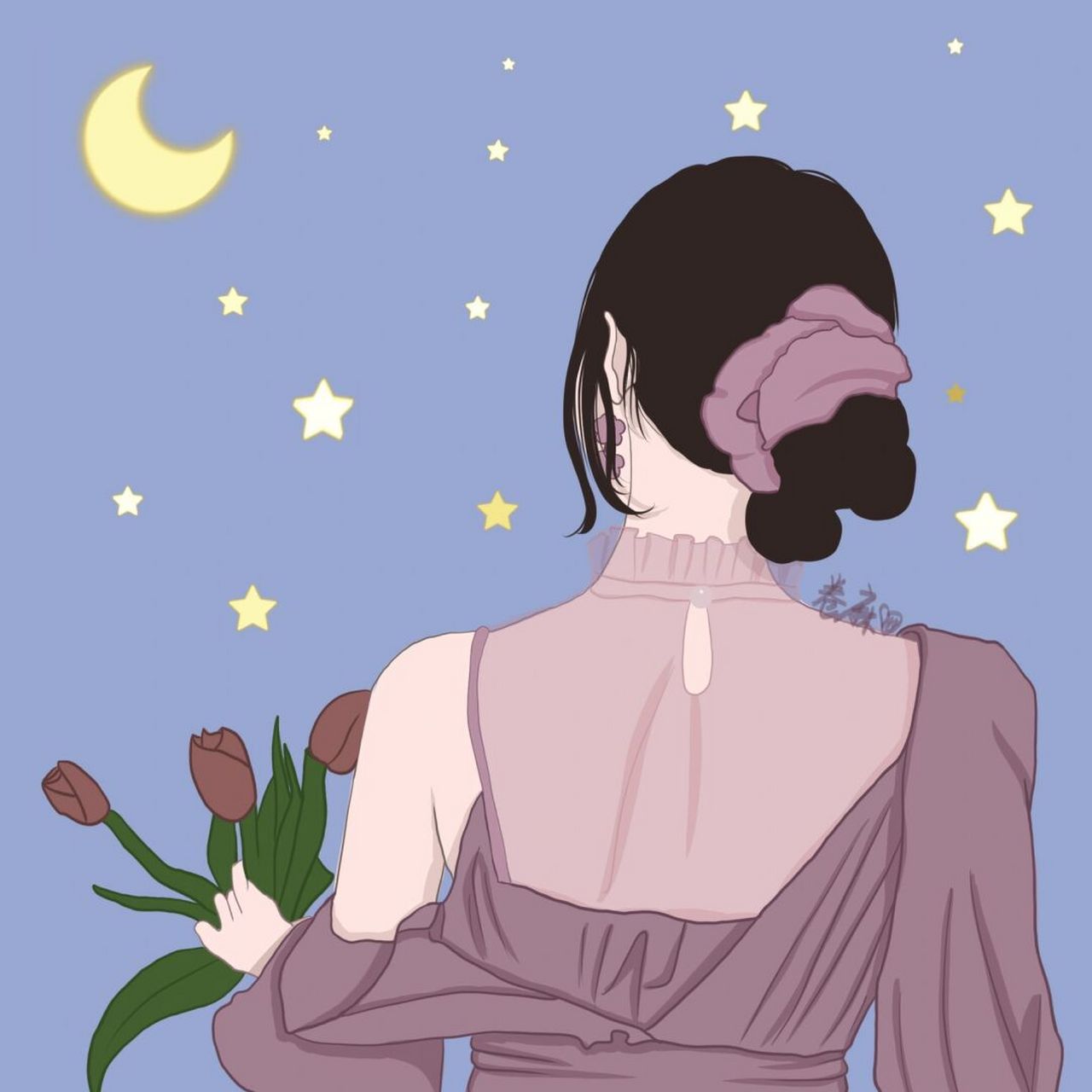 插画头像 |93温柔风背影头像 抚摸郁金香 做一个可爱的人,不烦世事