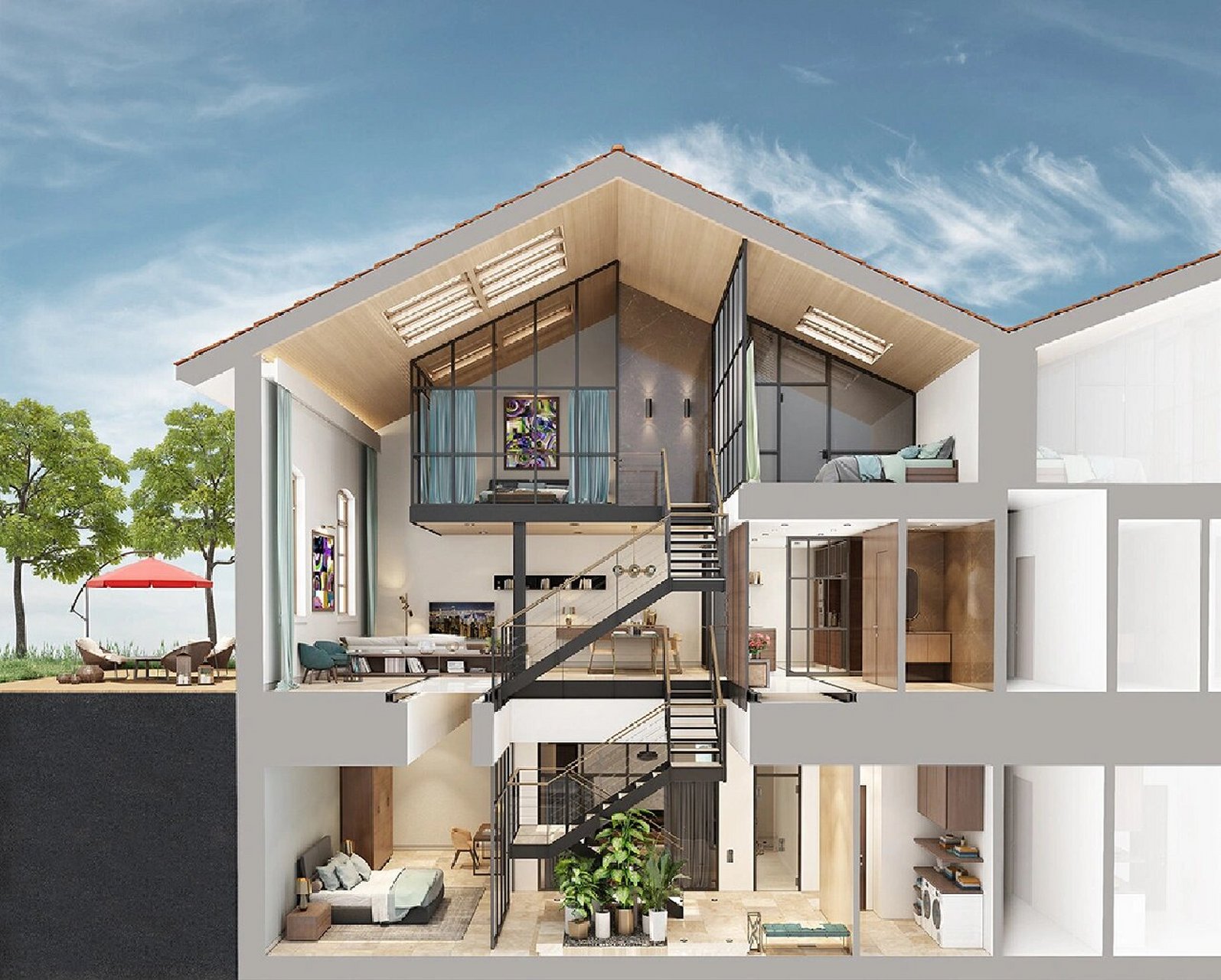 三层独栋别墅设计,地上两层地下一层 原木风斜屋顶,钢结构异形错位