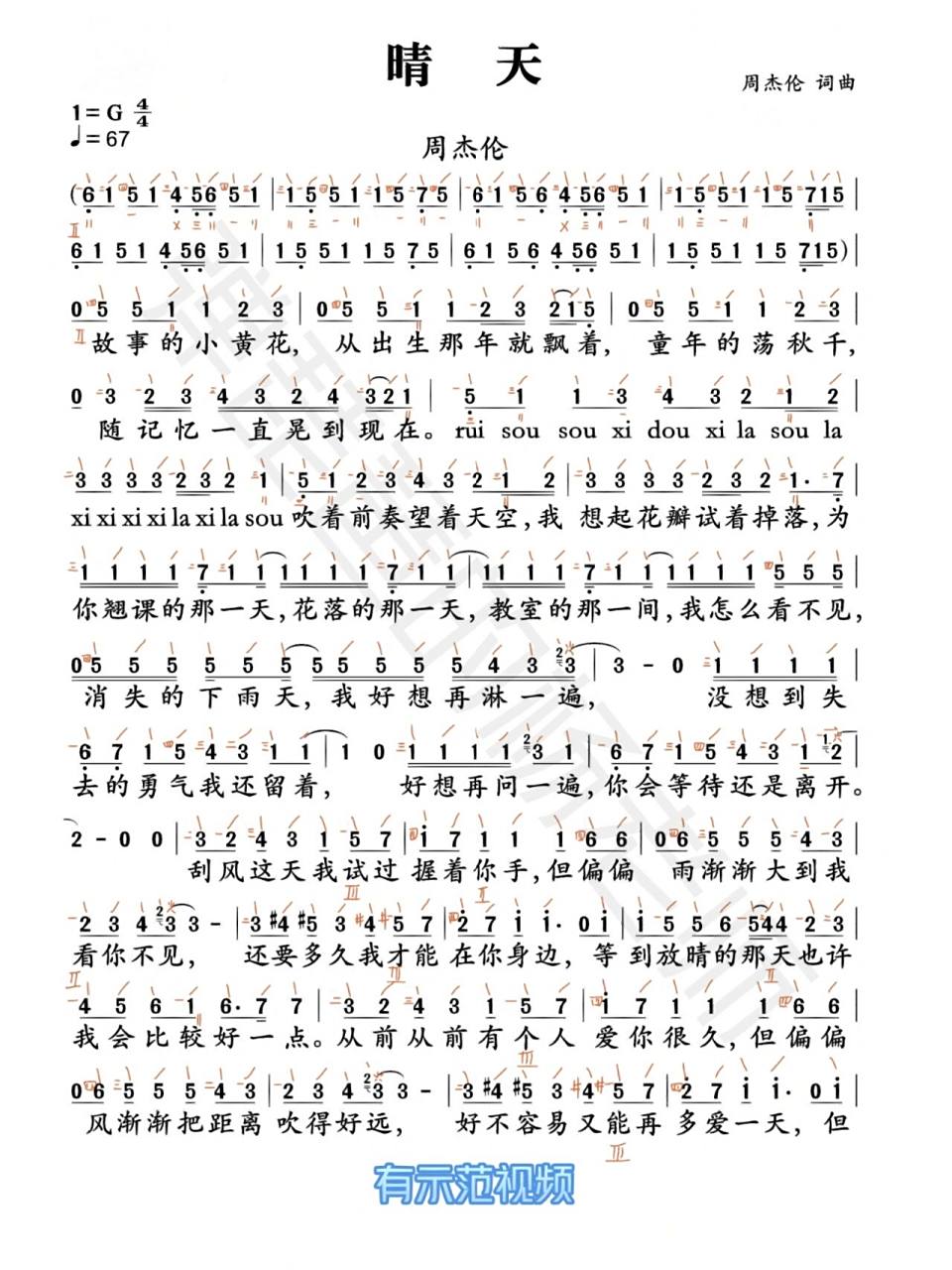 《晴天》琵琶谱 难度:1级左右 	 指法自己编的,难度可调