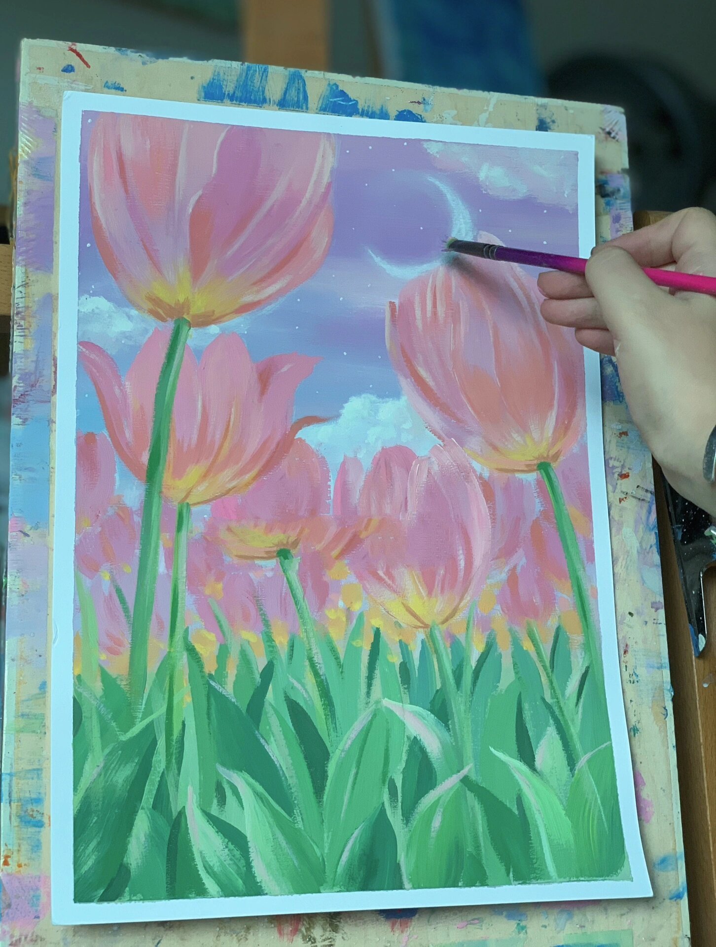 治愈系水粉画|郁金香花海93 手绘风景