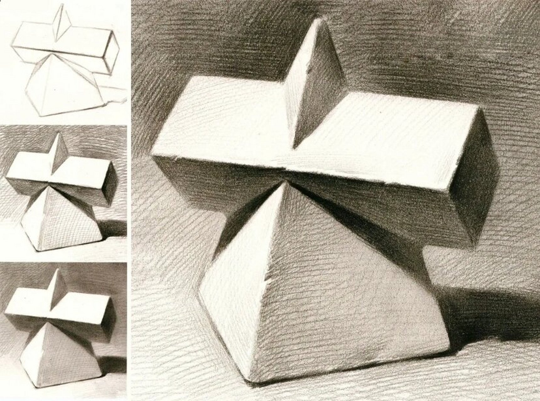 95素描几何体|三棱锥长方体穿插体78详细图解 via:98:《分解