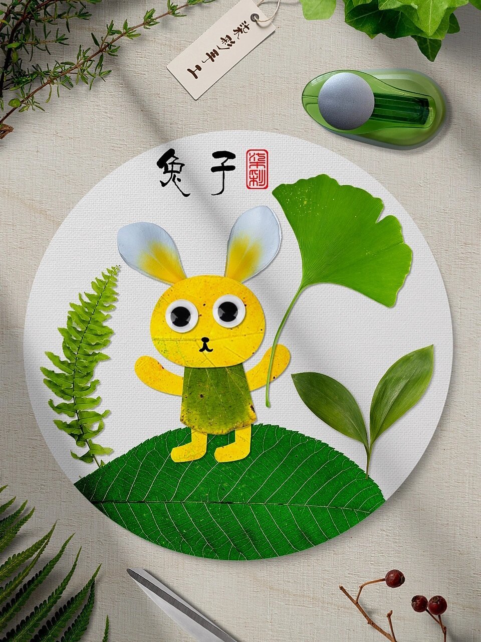 小兔子树叶贴画 超级可爱的小兔子创意树叶贴画,喜欢的一起来收集落叶