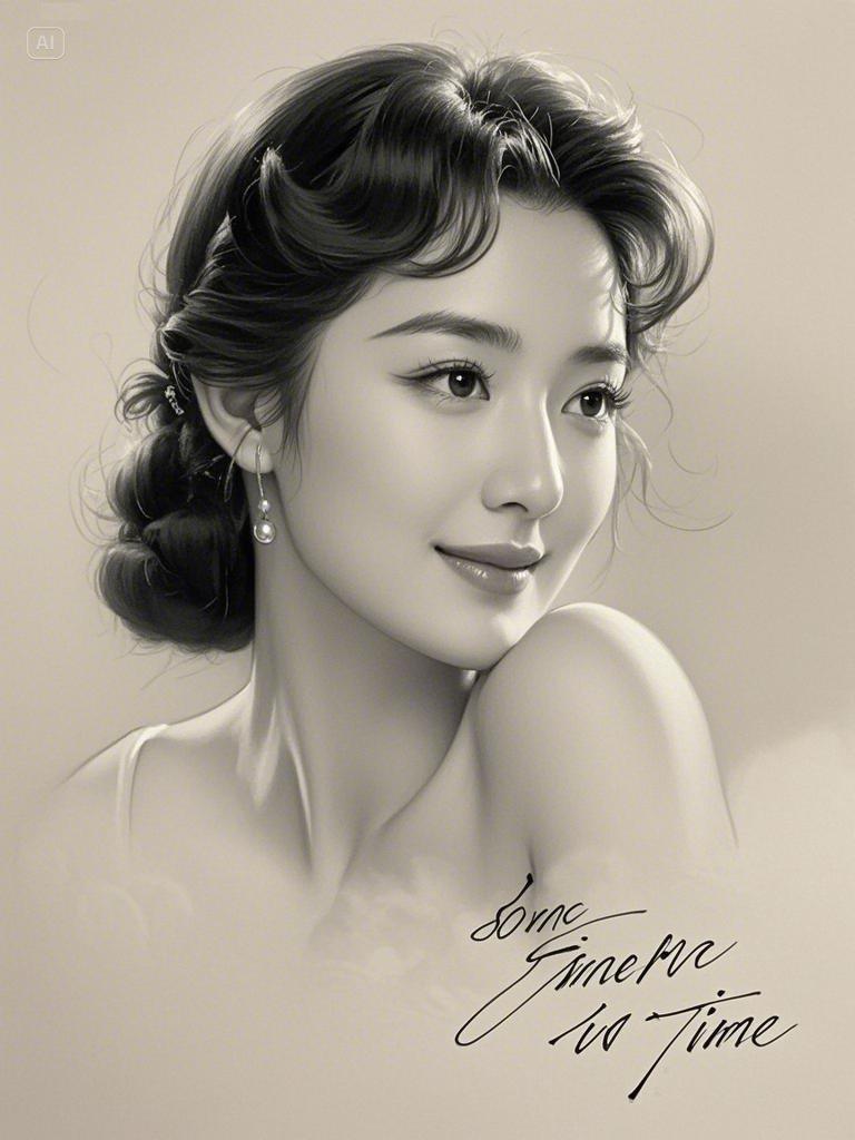 电影《时光倒流七十年》素描海报,中国年轻女性,铅笔画素描,米白色和