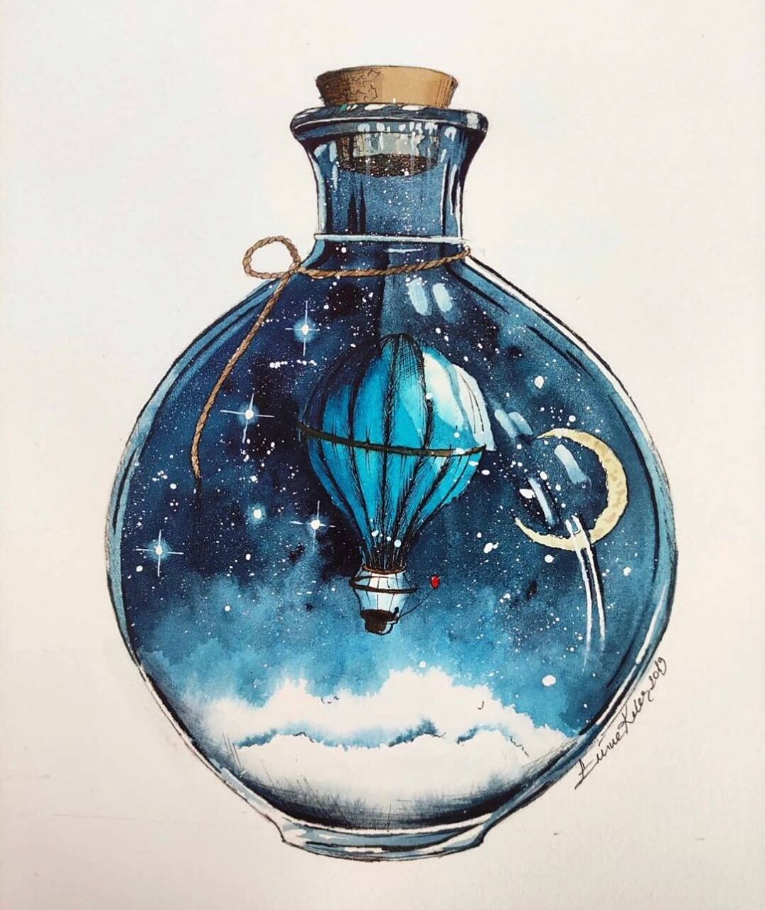 梦幻漂流瓶系列水彩画.