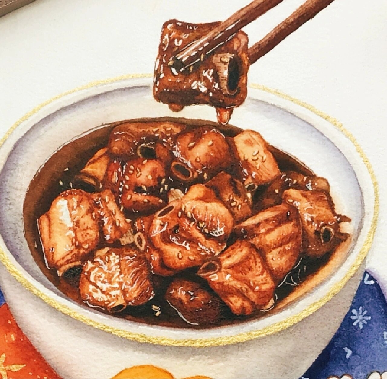 水彩年夜饭写生:红烧排骨(附过程