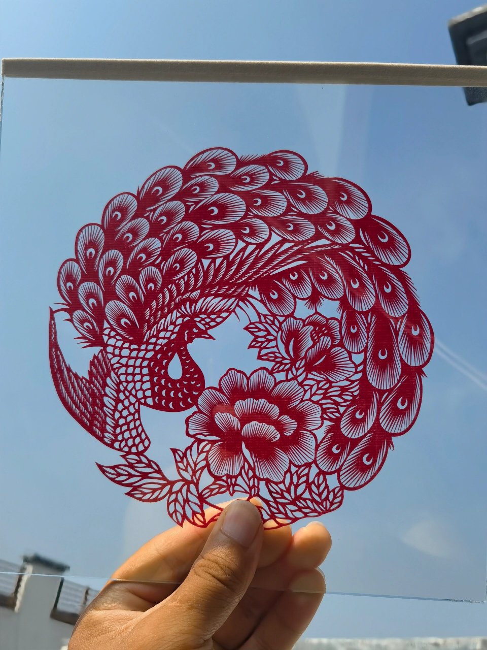 剪纸·孔雀 用剪刻结合的方法制作而成,刻刀雕刻线条细小图案, 剪刀剪