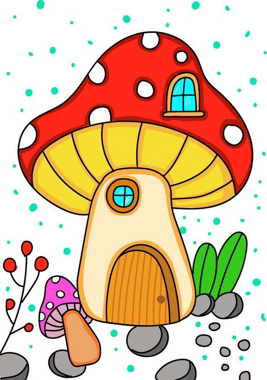 马克笔简笔画96蘑菇房子主题画(附线稿)
