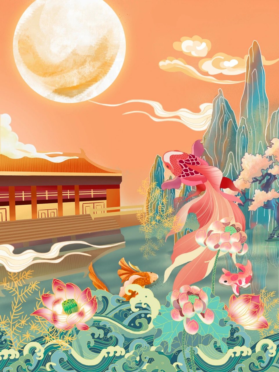 鲤鱼跃龙门国潮插画 临摹 首次学习插画临摹加自己的一些想法和创作