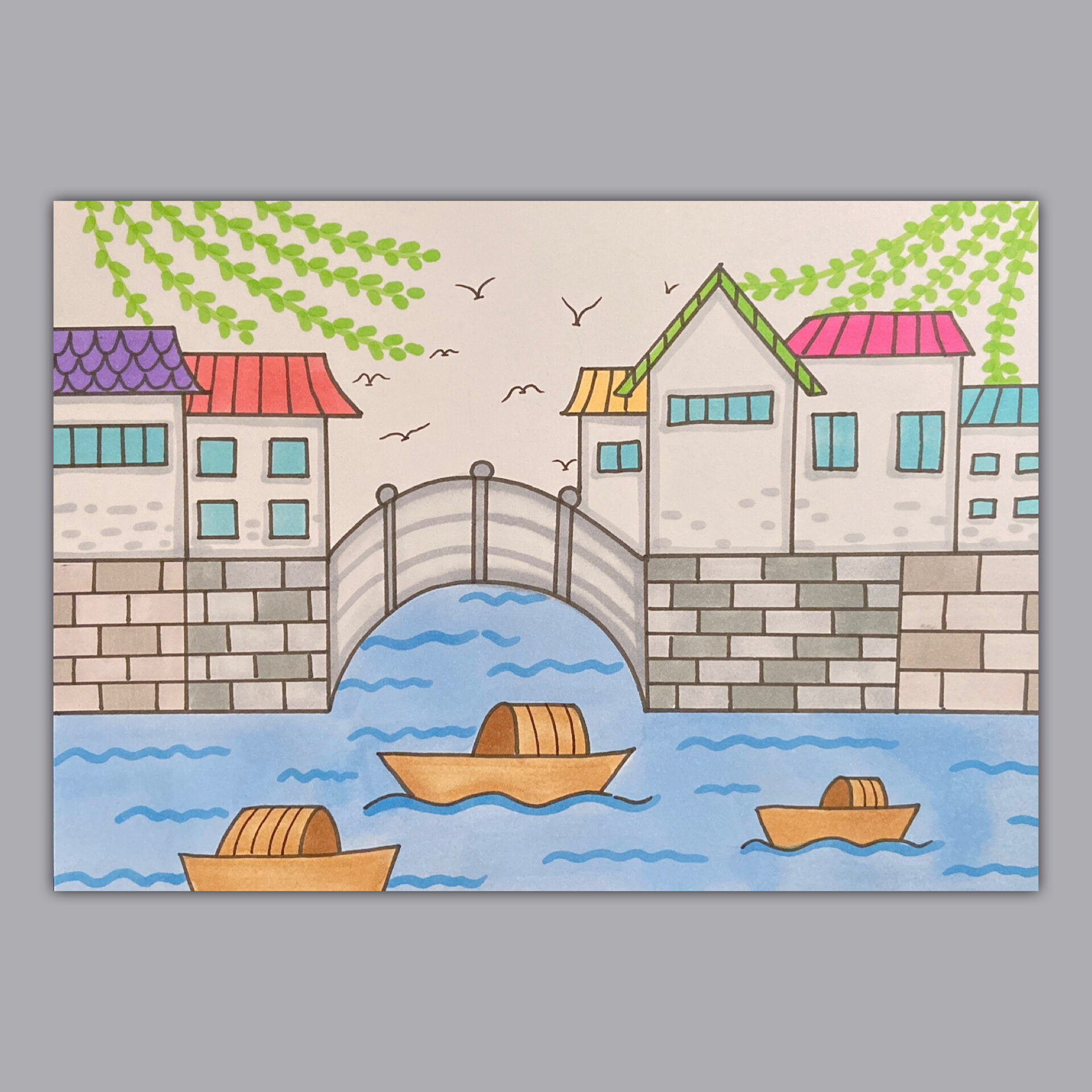 江南小镇儿童画古建筑船只水乡简笔画小房子