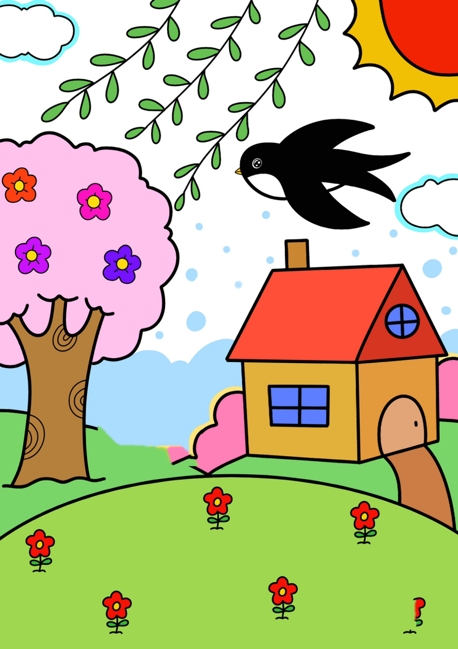 春天风景画 可爱的小房子儿童创意画 简笔画