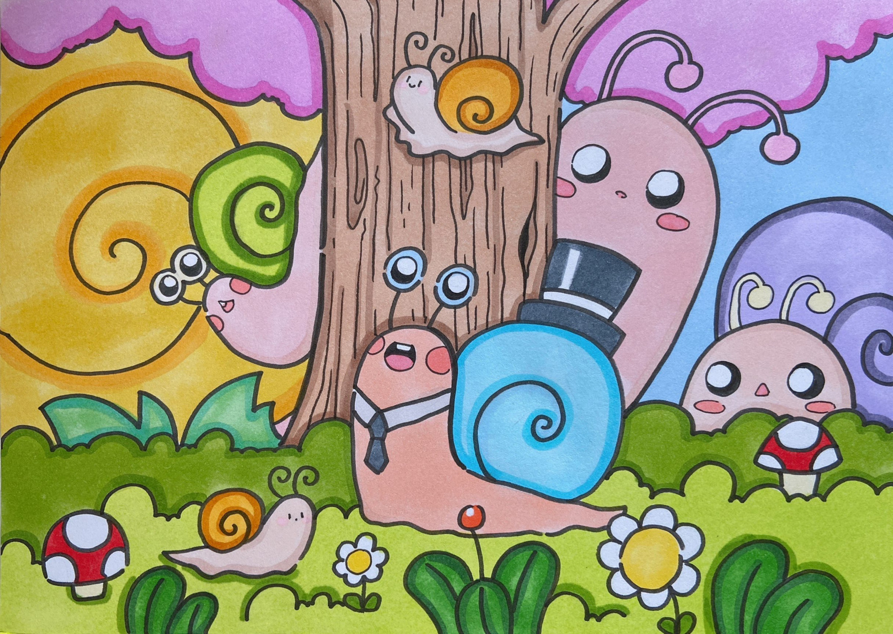 蜗牛家族儿童画森林大树花朵蘑菇简笔画手绘 美术宝 蜗牛城堡 课效