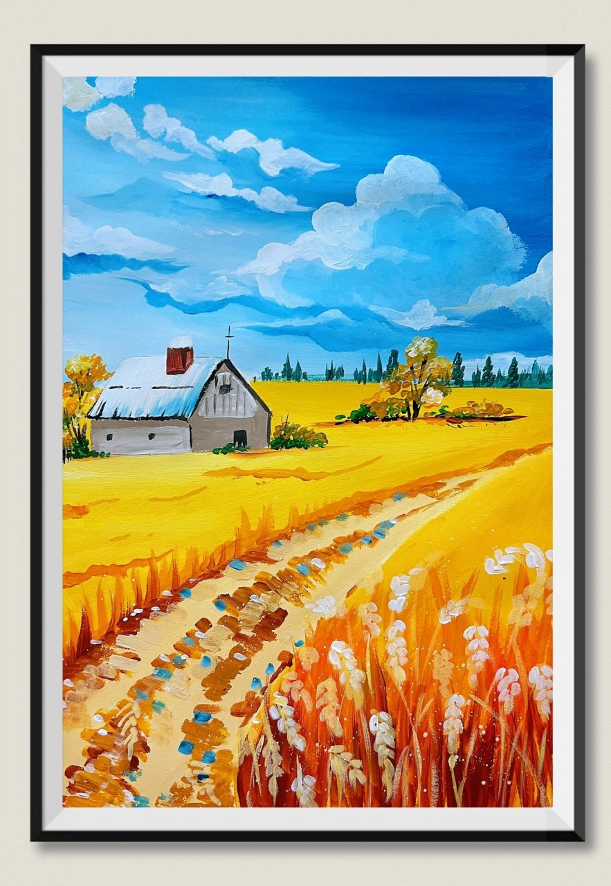 简易版水粉《金色麦田》绘画步骤图