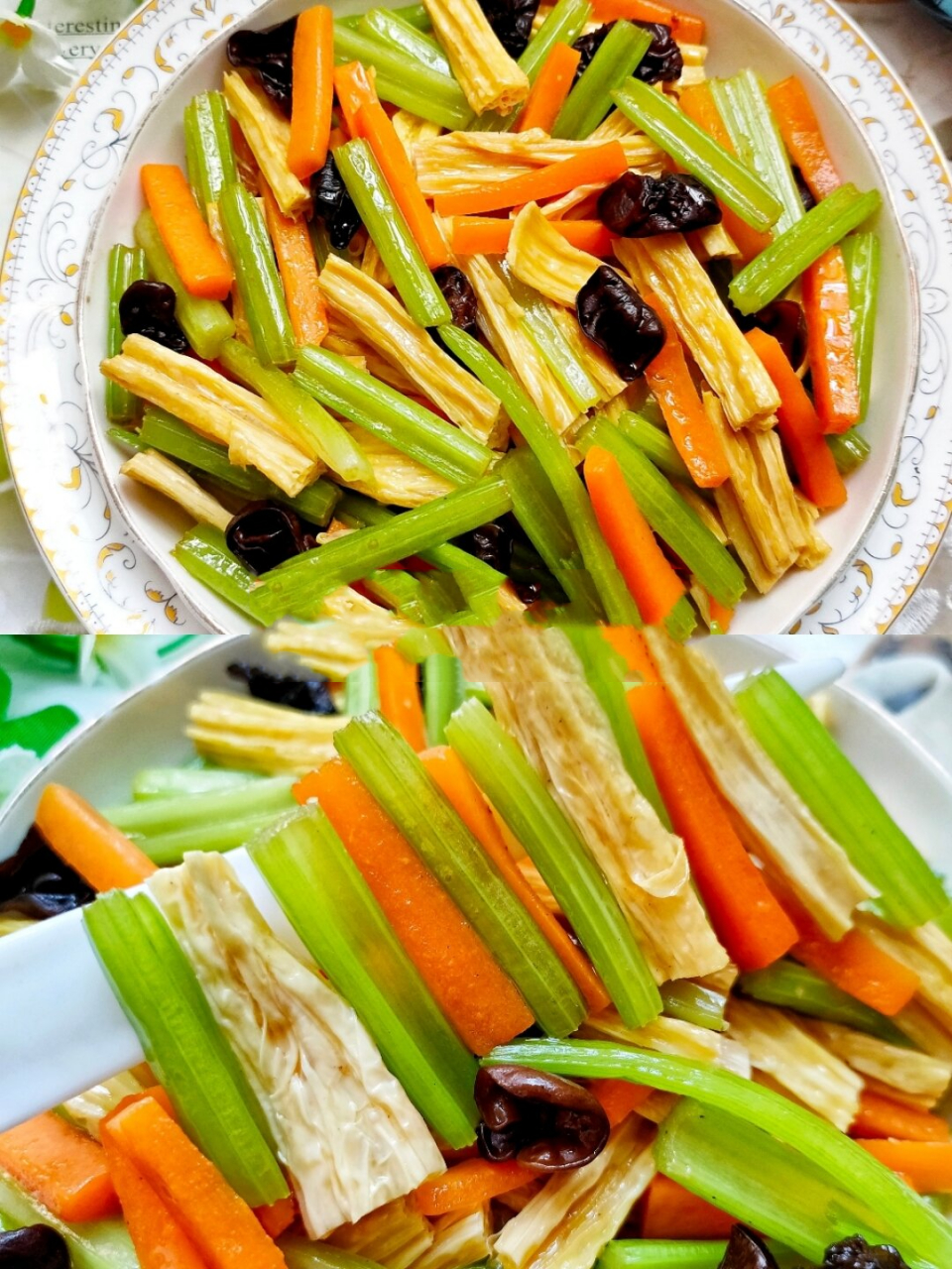 好看又好吃的芹菜胡萝卜炒腐竹,营养美味! 7999嗨!大家好!