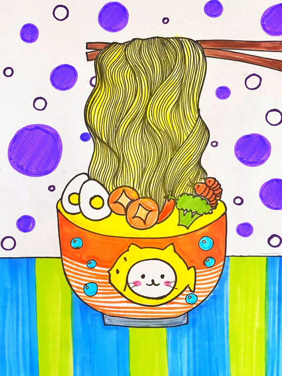 鸡蛋面创意画 #卡通画# #马克笔# #儿童画# #创意画# #儿童创意画