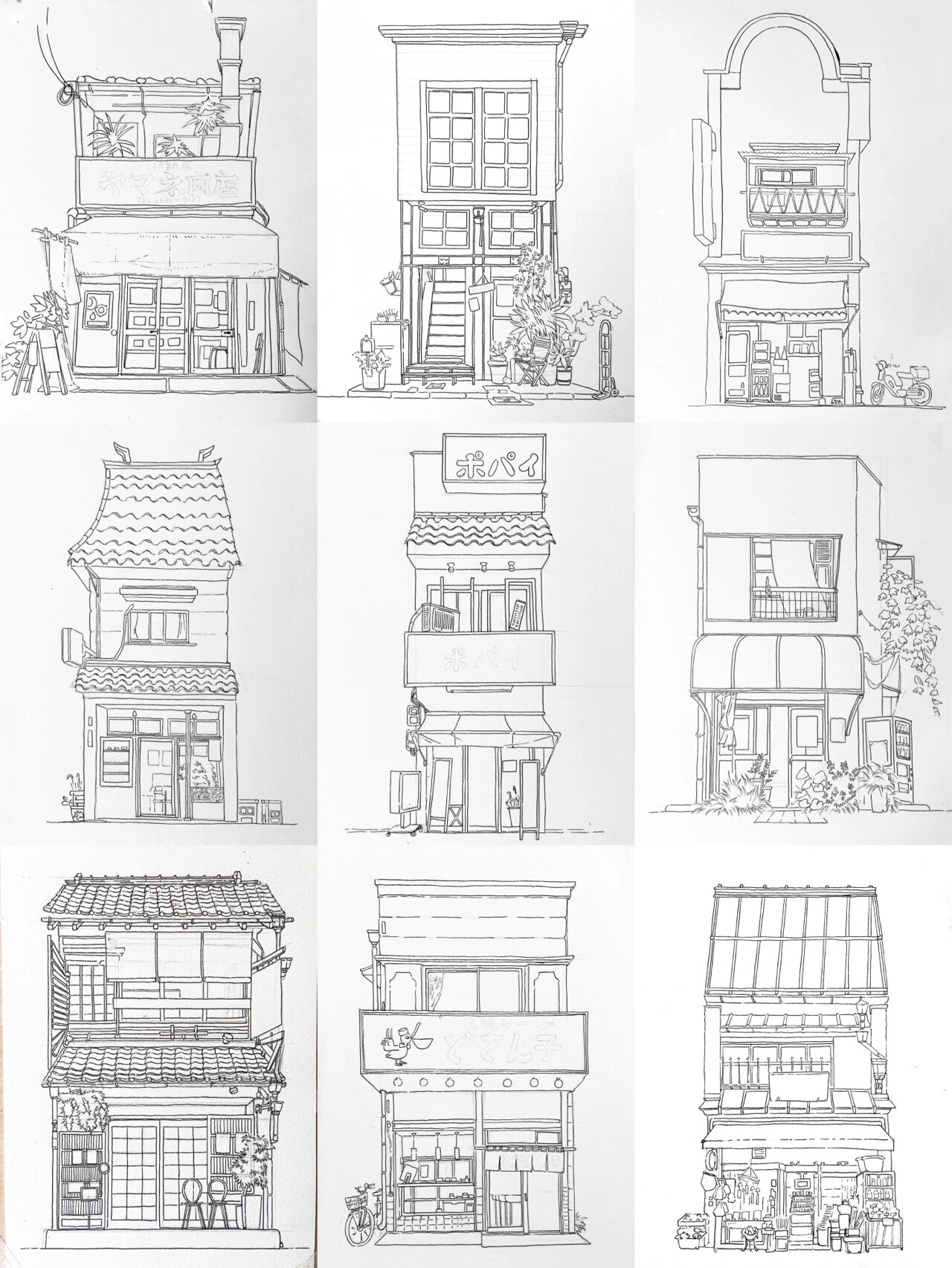 【0基础临摹钢笔淡彩】水彩街屋线稿集锦2