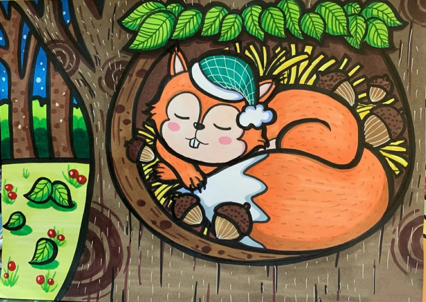 幼儿园--松鼠冬眠亲子画 幼儿园大班,动物冬眠的亲子共同完成的儿童画